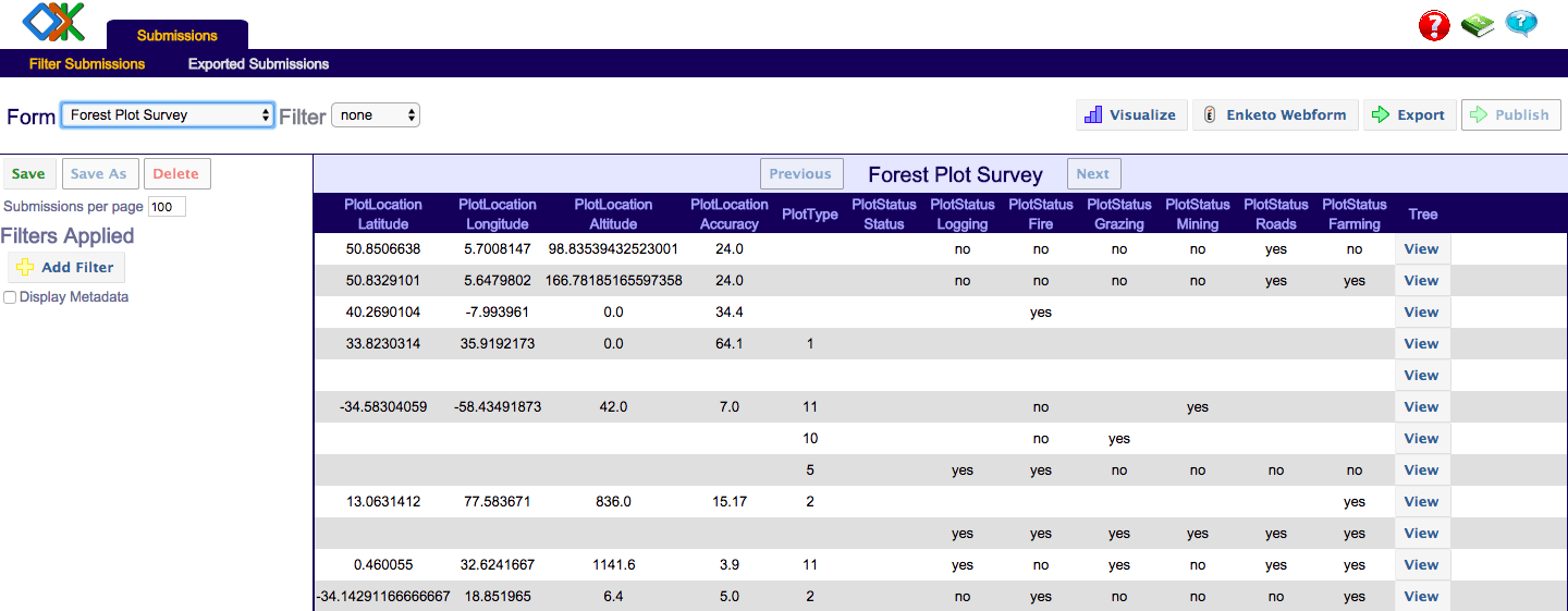 A screenshot of ODK Aggregate. A table view showing data collected using a form.