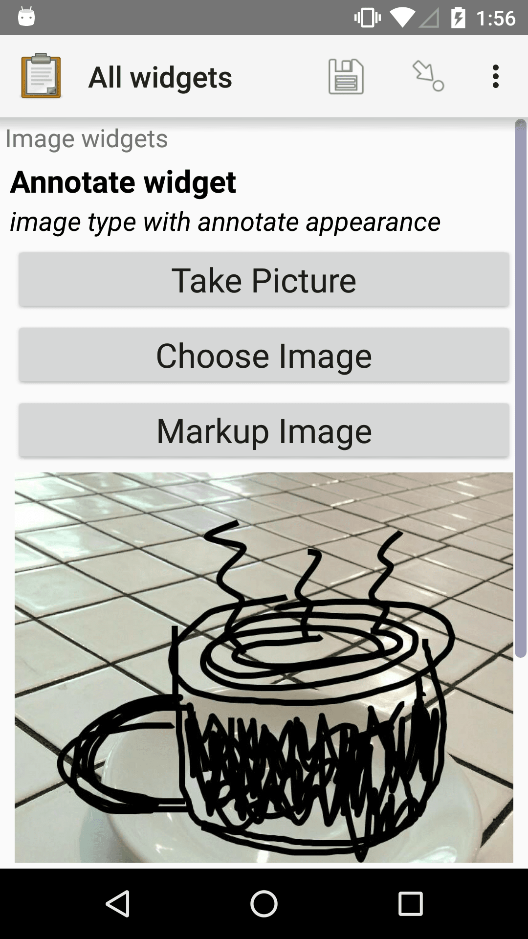 The Annotate form widget shown previously. The drawn-on picture is below the buttons.