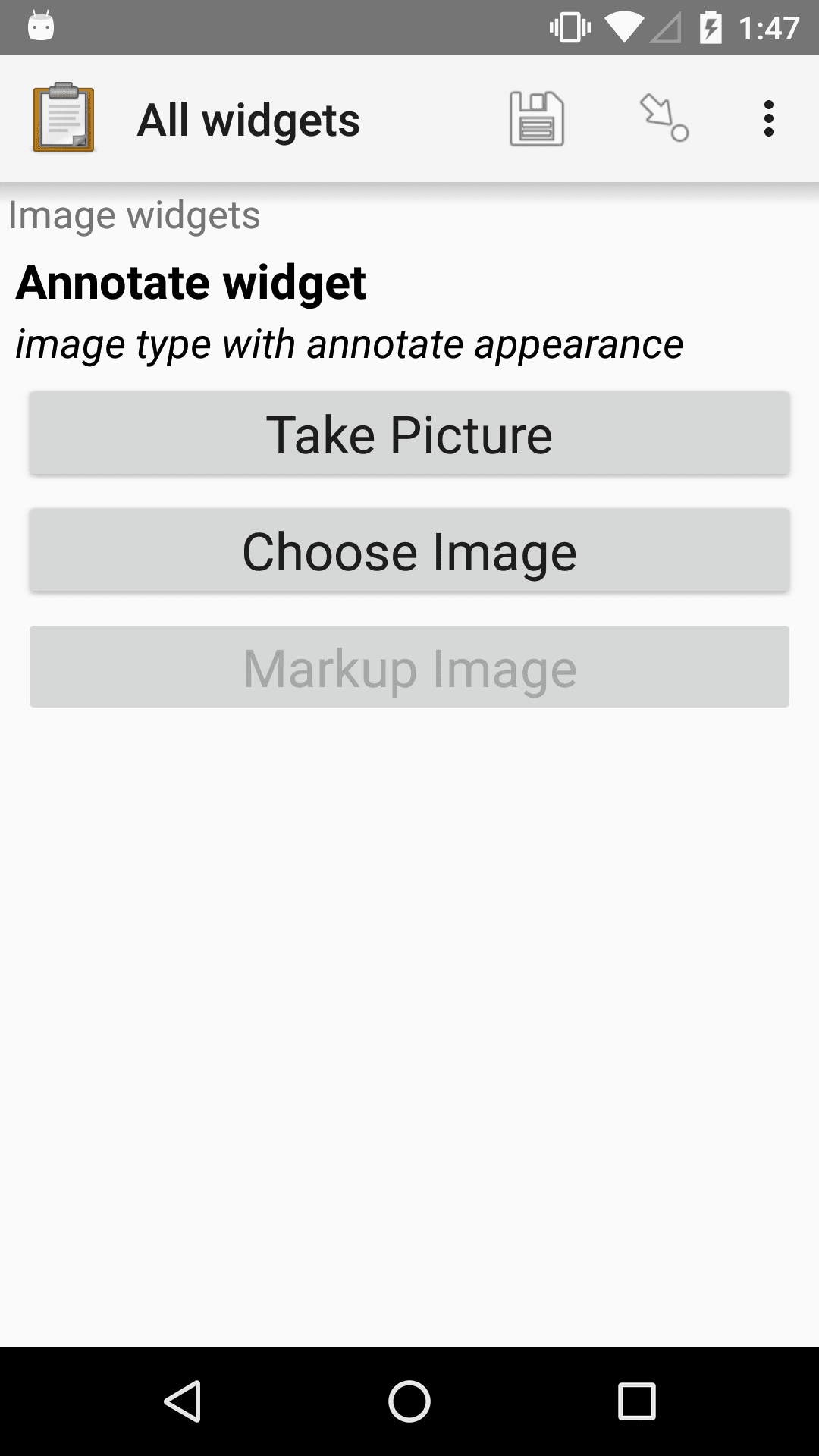 The Annotate form widget, as displayed in the ODK Collect app on an Android phone. The question text is, "Annotate widget." The hint text is, "image type with annotate appearance." There are three buttons: "Take Picture," "Choose Image," and "Markup Image." The Markup Image button is disabled. Above the question text is the form group name "Image widgets."