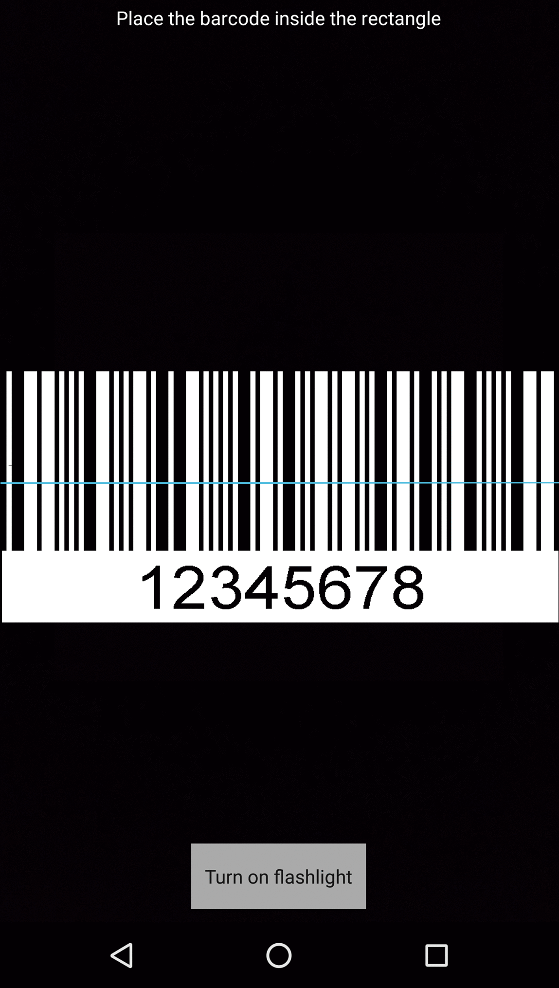 A barcode scanner on an Android device. A barcode is in the viewfinder, with a thin blue line across the barcode.