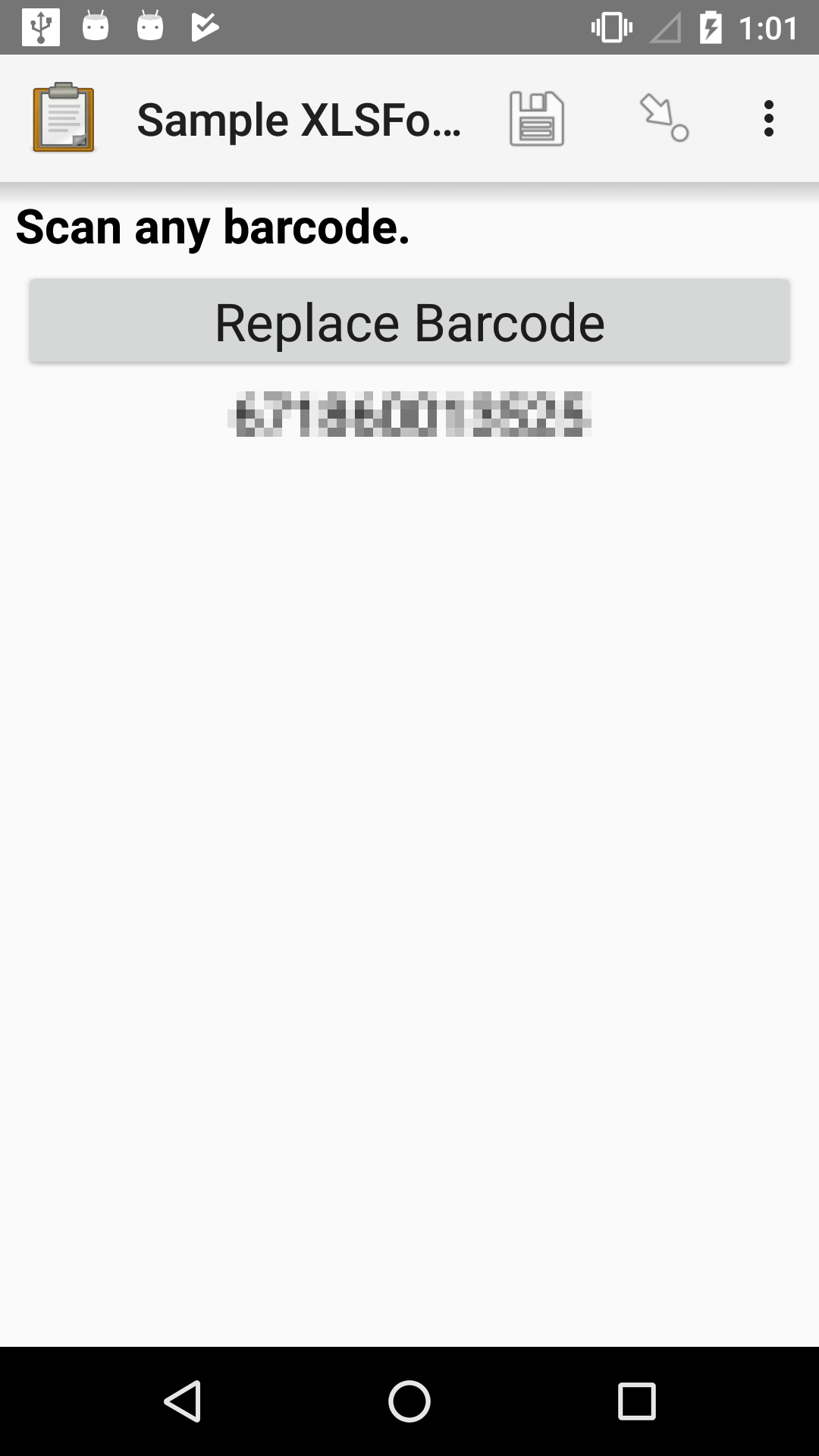 The Barcode form widget as displayed previously. The button label is now "Replace Barcode." Below the button is a string of numbers representing the decoded content of the scanned barcode.