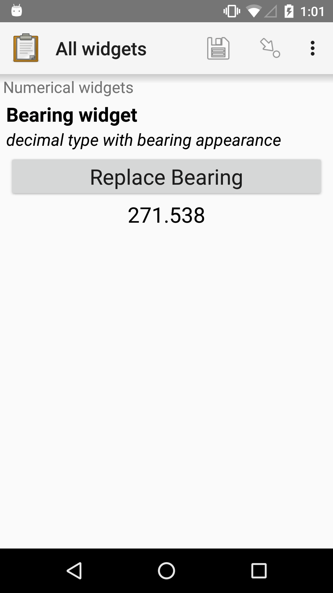 The Bearing widget, as displayed previously. The button's label is not "Replace bearing." Below the button is the decimal number 271.538 (the recorded bearing).