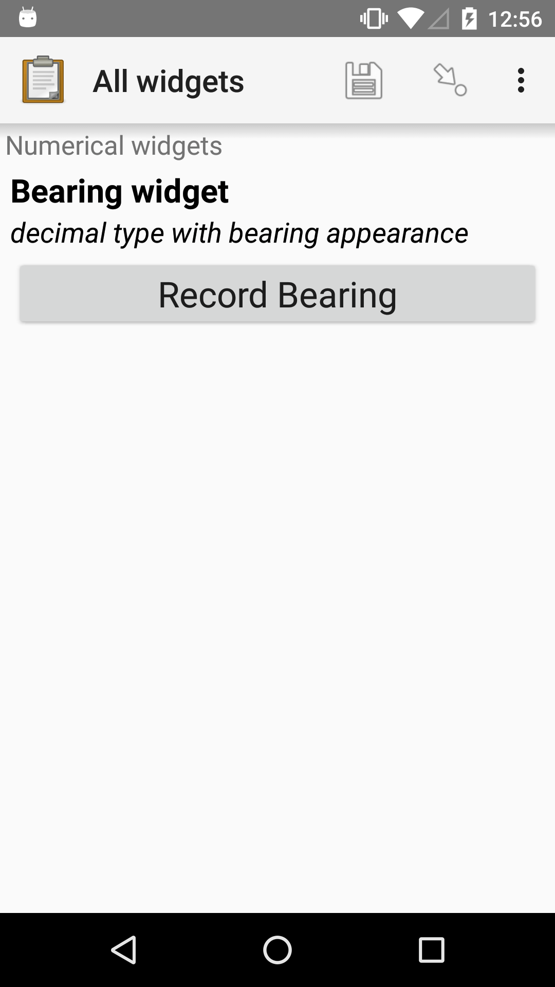 The Bearing form widget, as displayed in the ODK Collect app on an Android phone. The question text is, "Bearing widget." The hint text is, "decimal type with bearing appearance. Below that is a button labeled "Record Bearing." Above the question text is the form group name "Numeric widgets."