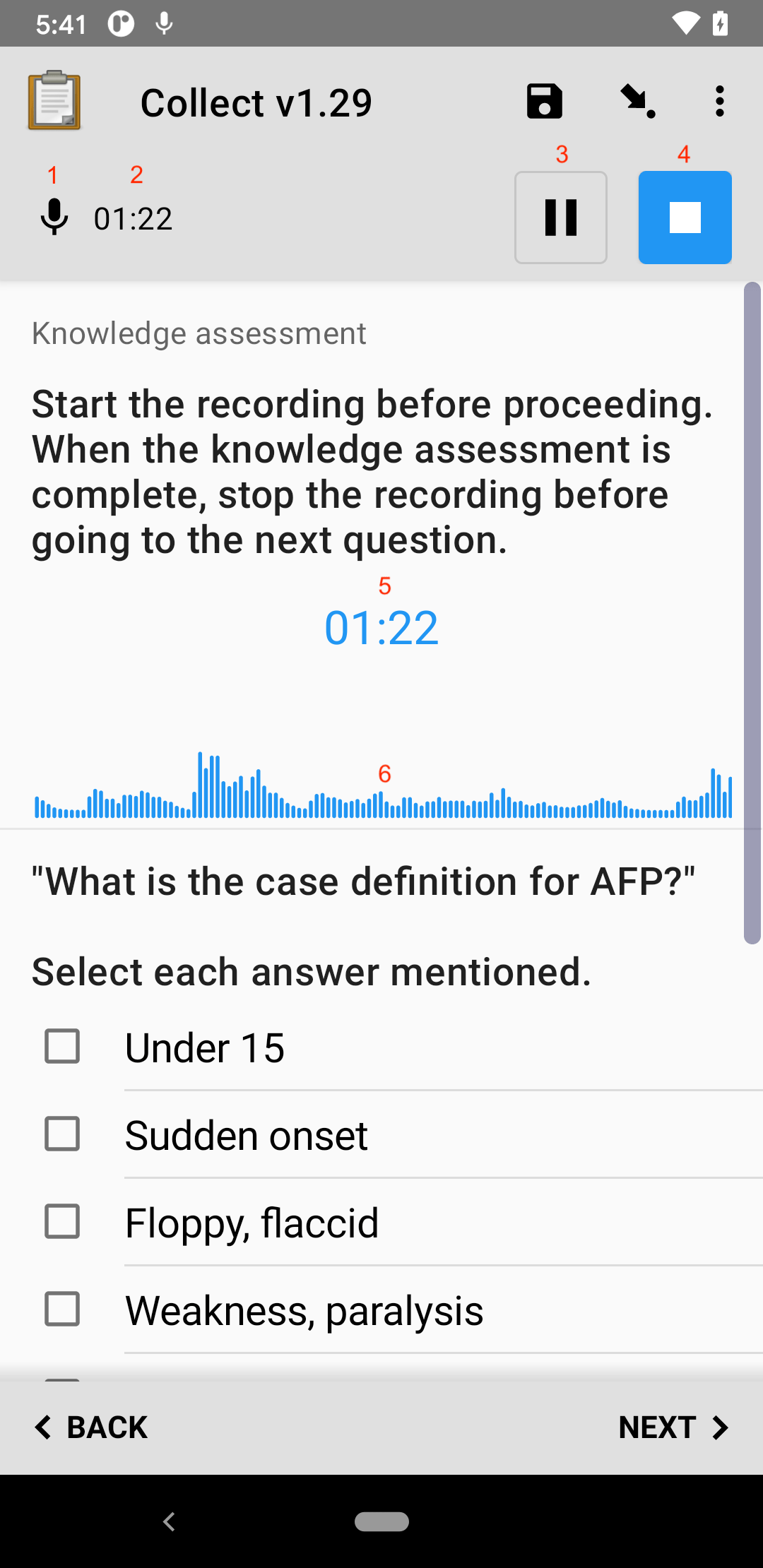 The built-in recorder as displayed in the ODK Collect App on an Android phone. The user interface is described below.