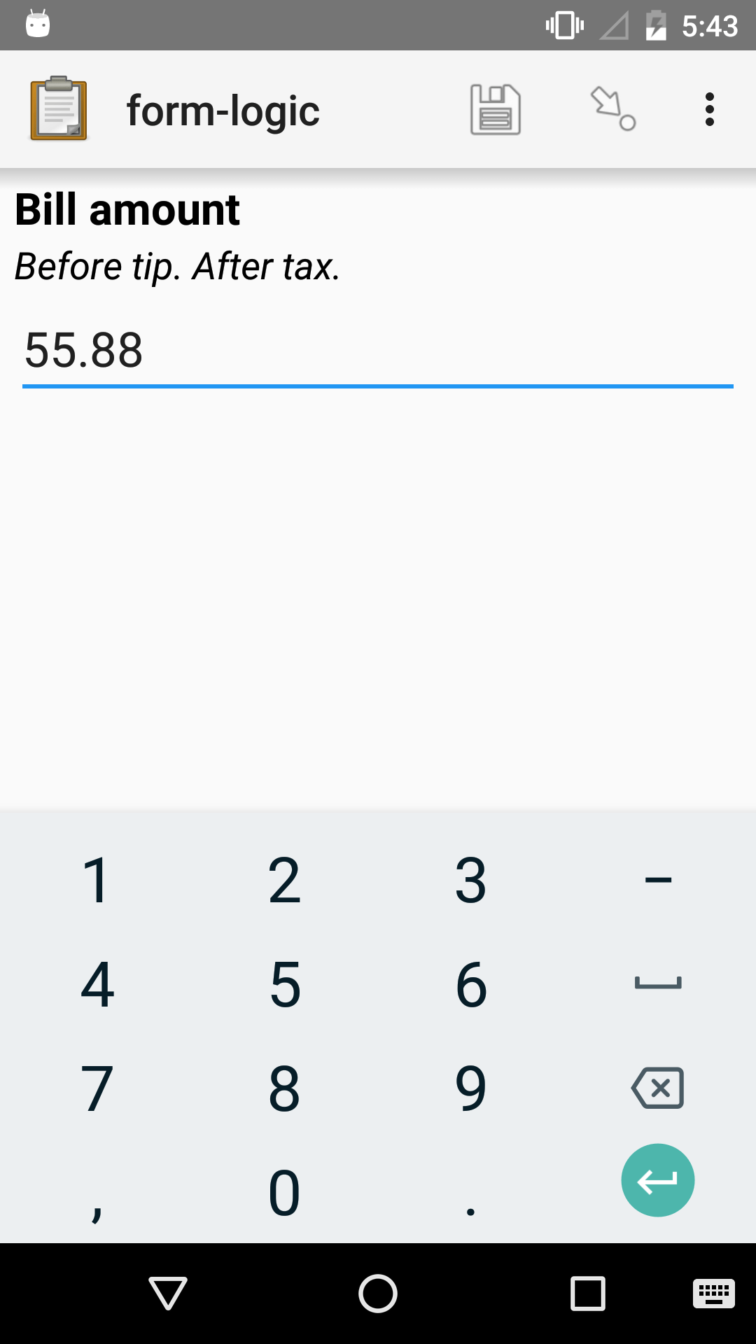 The decimal widget in Collect. The question label is "Bill amount". The entered value is "55.88".