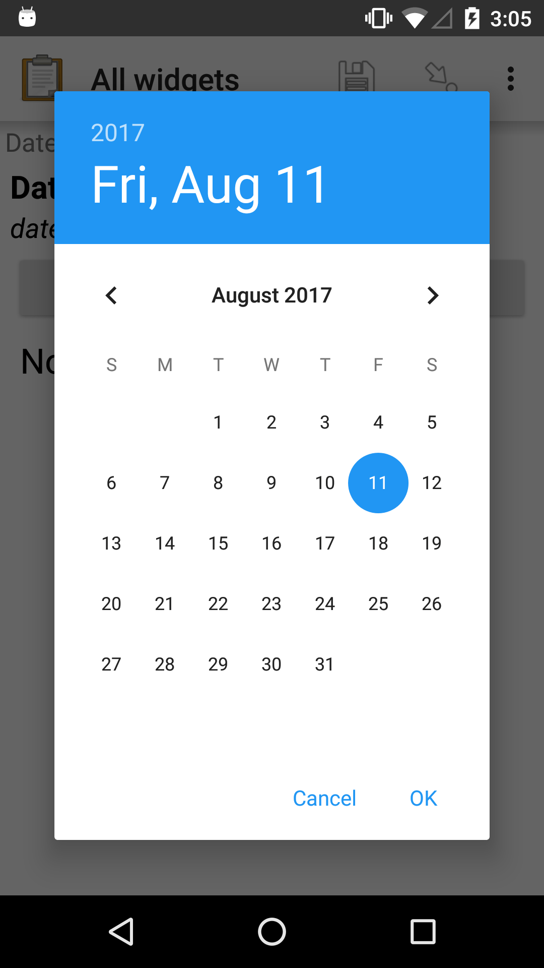 The date widget shown in the previous image, with a modal popup showing a monthly calendar. A date is selected. At the bottom of the modal are Cancel and OK buttons.