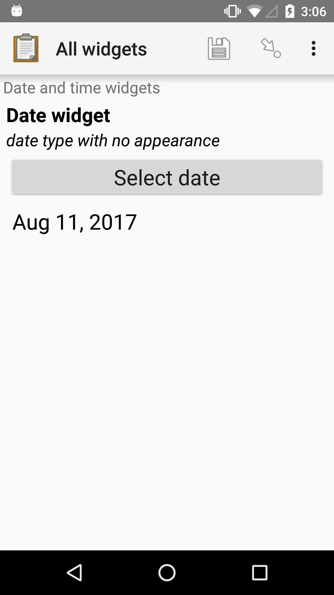 The date widget shown previously. Below the button is a date: Aug 11, 2017.