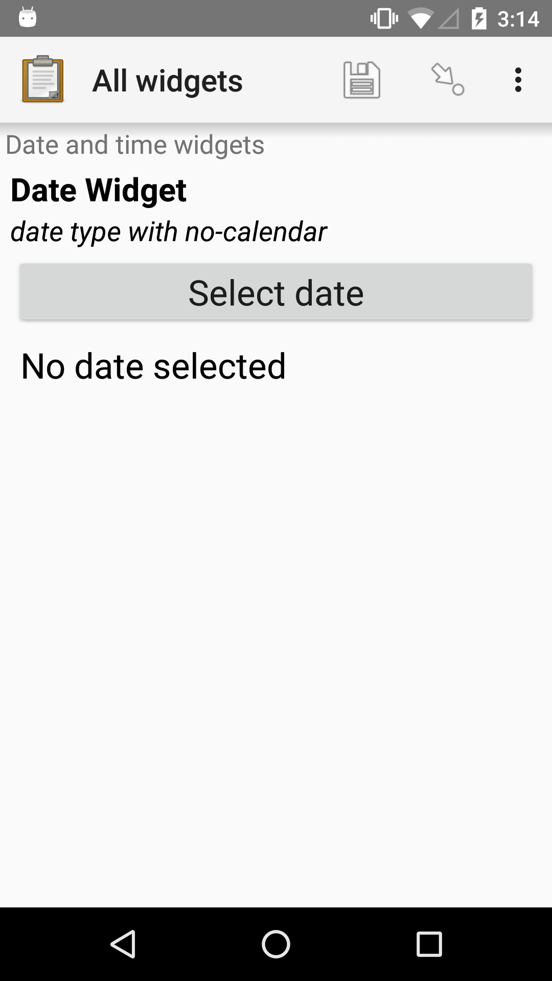 The no-calendar Date form widget, as displayed in the ODK Collect app on an Android phone. The question text is, "Date Widget." The hint text is "date type with no-calendar appearance." Below that is a button labeled "Select date." Below the button is the text, "No date selected." Above the question text is the form group name "Date and time widgets."