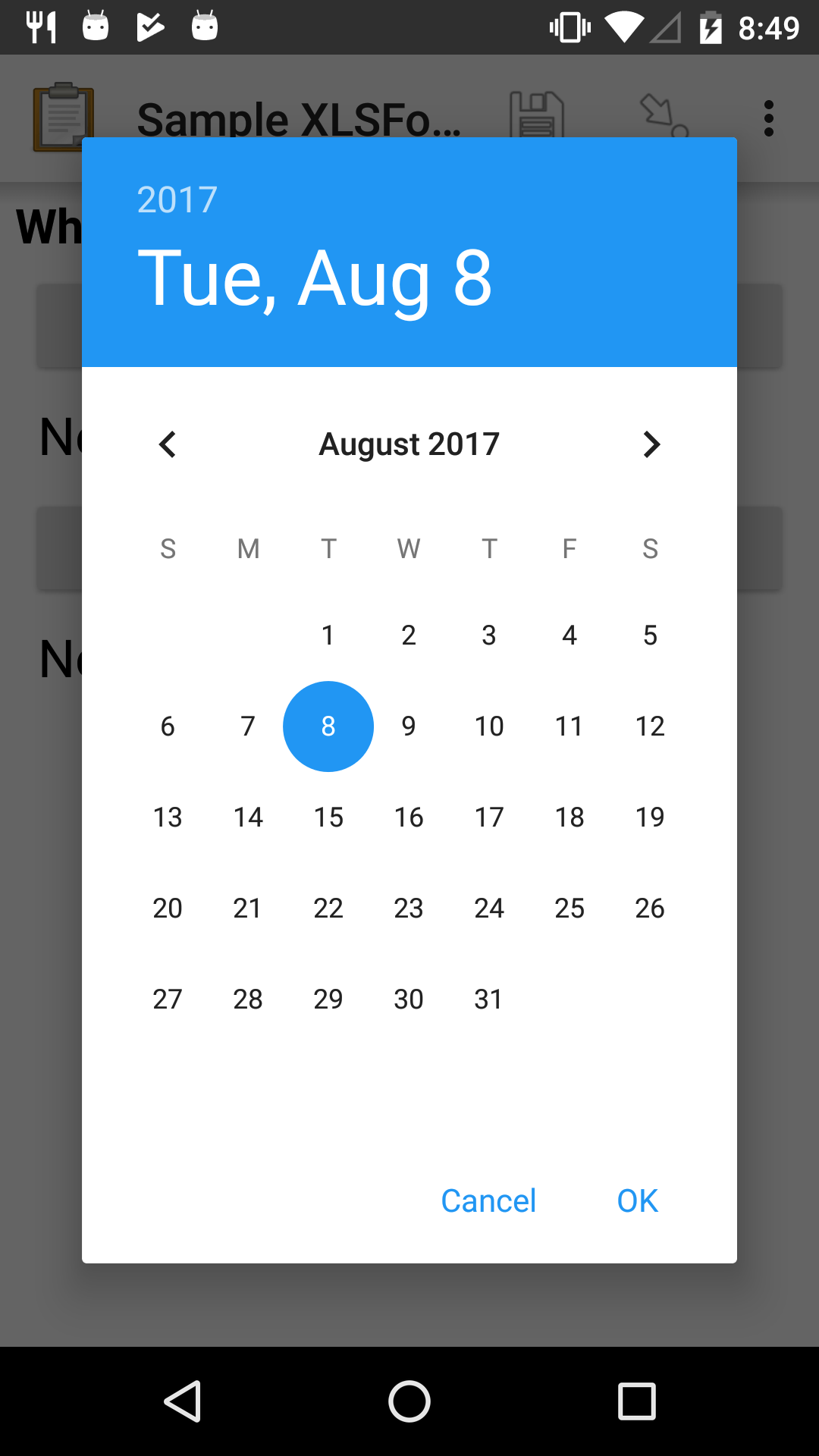 The same form widget screen as previously, overlaid with a modal popup calendar. The headline is a date: 2017 Tue, Aug 8. The main body shows a monthly calendar with selectable days and arrows for scrolling month-to-month. In the bottom-right are Cancel and OK buttons.