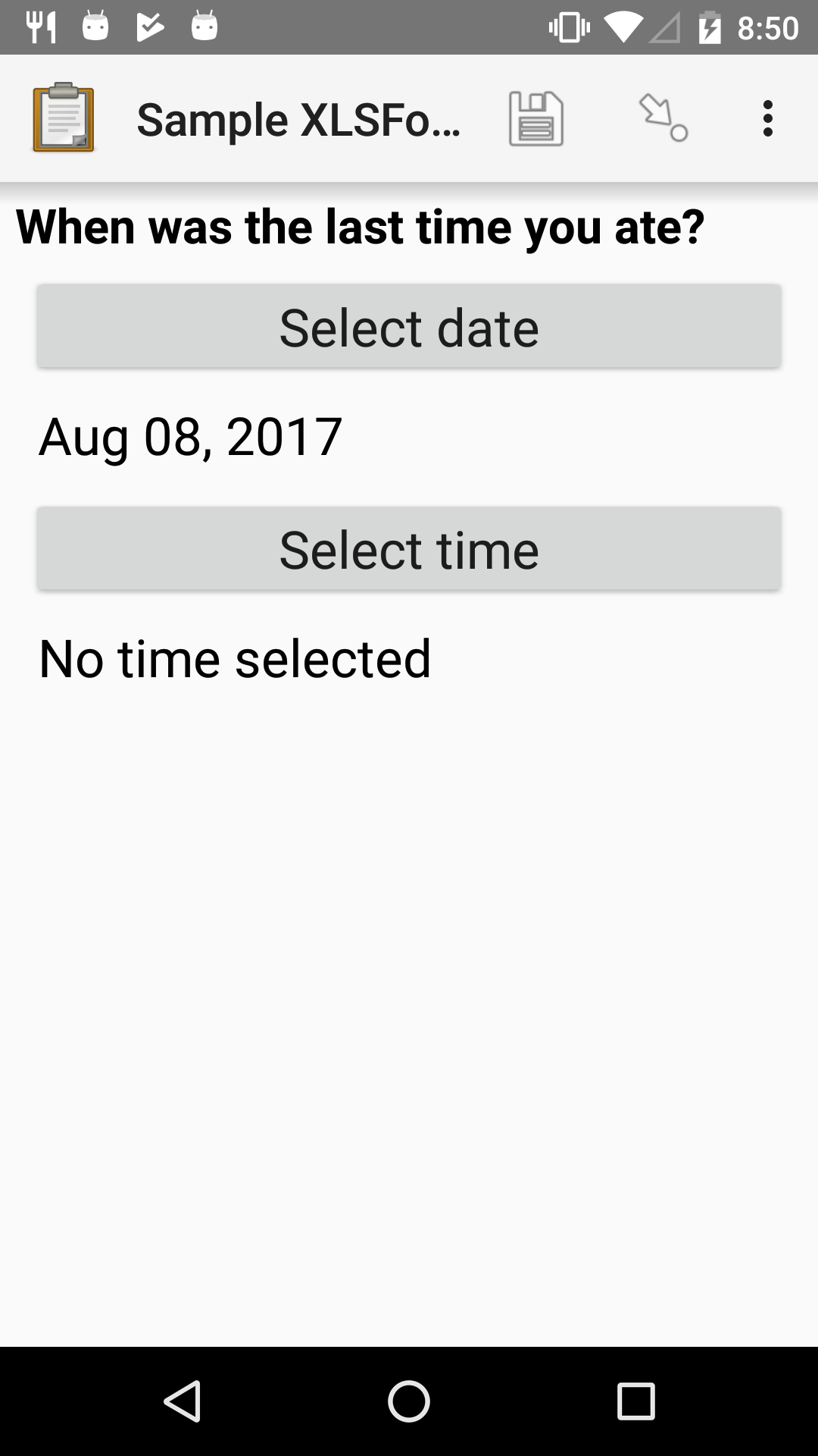 The Datetime form widget as displayed previously. The question text is "When was the last time you ate?" Below the question are two buttons. The first button is labeled "Select date" and below it is the date "Aug 08, 2017" The second button is labeled "Select time" and below it is the message "No time select."