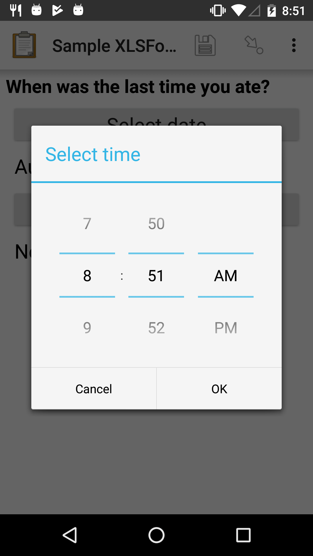 The Datetime widget as displayed previously, with a modal popup. The modal headline is "Select time." The body of the modal contains scrollers for Hour, Minute, and AM/PM. At the bottom of the modal are Cancel and OK buttons.