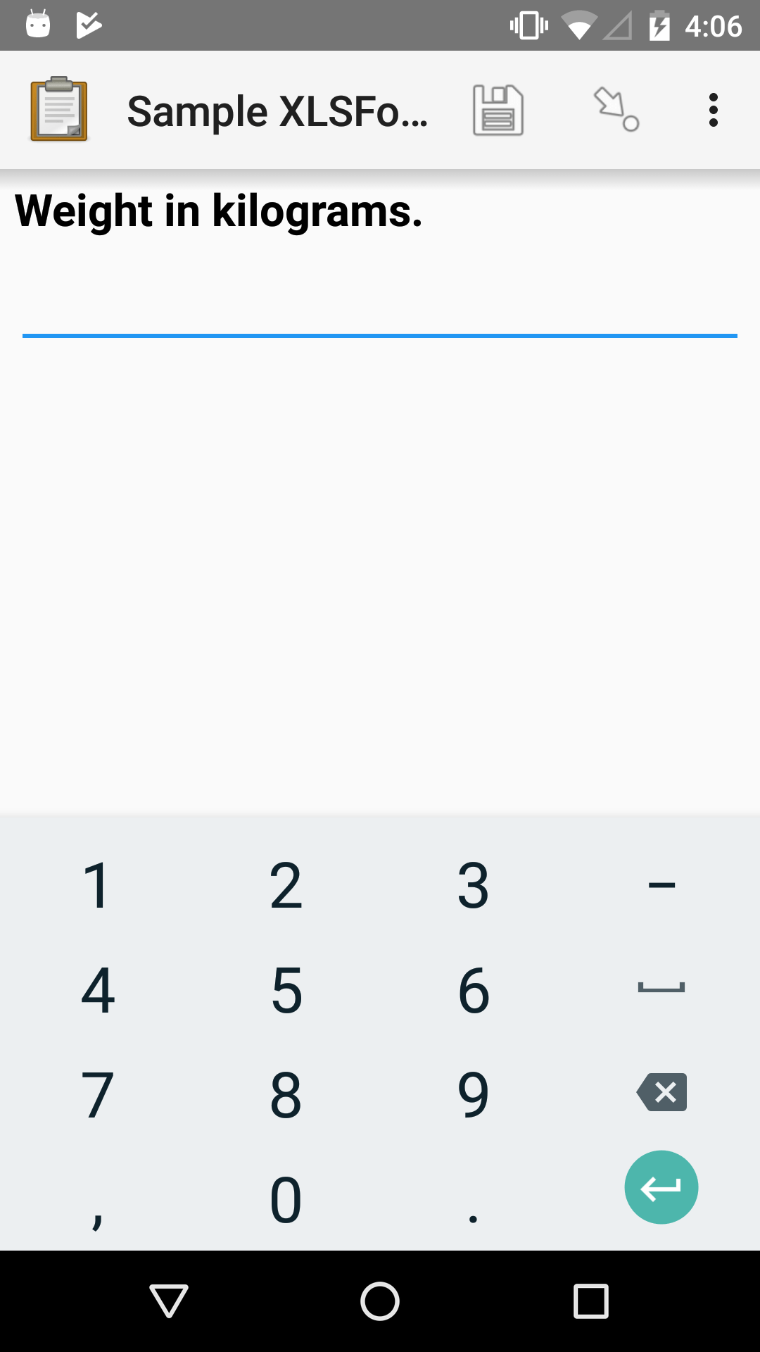 An integer form widget displayed in ODK Collect on an Android phone. The question is "Weight in kilograms." A numerical keyboard is displayed.