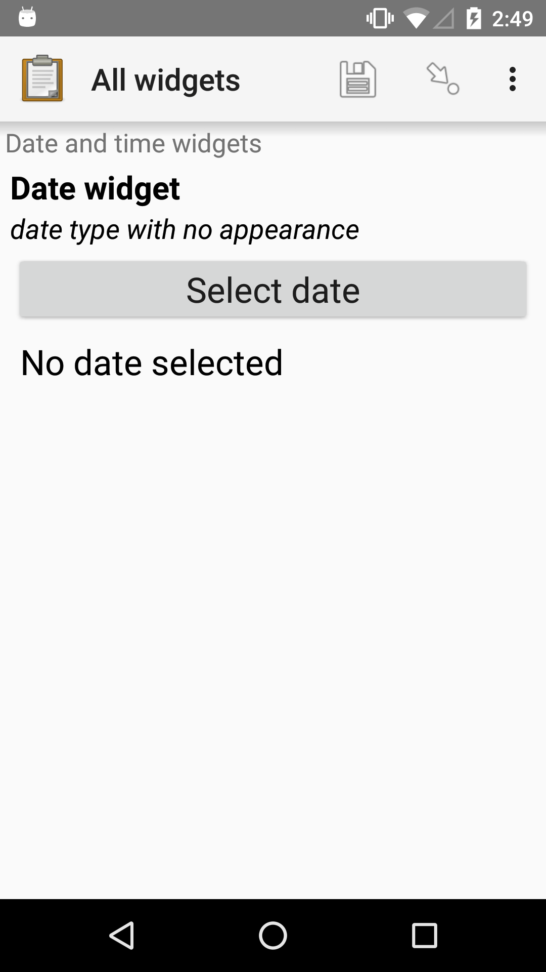 The default Date form widget, as displayed in the ODK Collect app on an Android phone. The question text is, "Date widget." The hint text is "date type with no appearance." Below that is a button labeled "Select date." Below that is the text, "No date selected." Above the question text is the form group name "Date and time widgets."