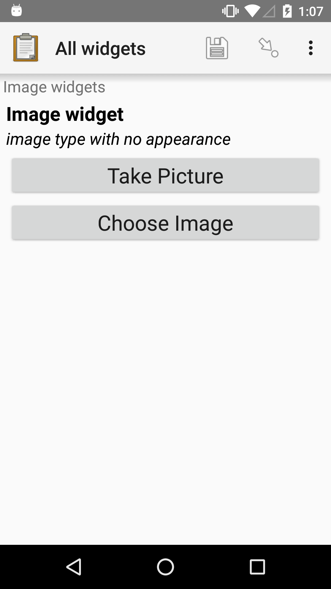 The default Image form widget, as displayed in the ODK Collect app on an Android phone. The question text is, "Image Widget." The hint text is, "image type with no appearance." Below that are two buttons: "Take Picture" and "Choose Image." Above the question text is the form group name "Image widgets."