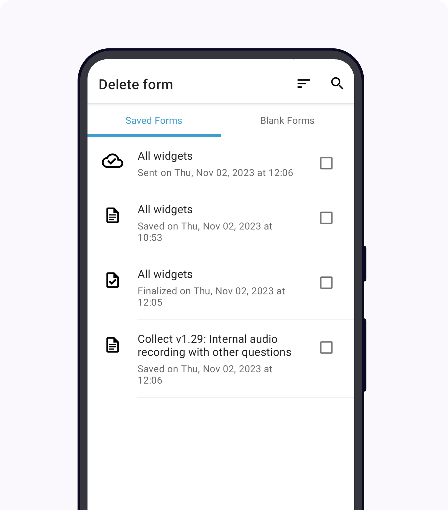 The Delete Saved Forms screen in the Collect app. There are two available tabs: *Saved Forms* and *Blank Forms*. The *Saved Forms* tab is active. Below that is a list of saved form instances, with checkboxes. There are buttons labeled: *Select All* and *Delete Selected*.