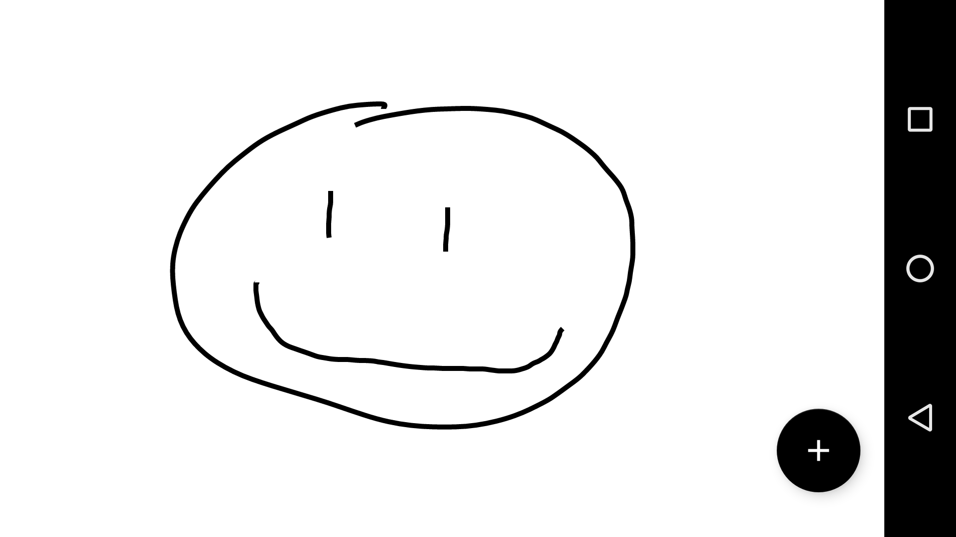 A white "drawing pad" on an Android phone, horizontally oriented (landscape mode). A simple smiley face has been drawn. In the lower right corner of the drawing pad is a plus sign (+) in a circle.