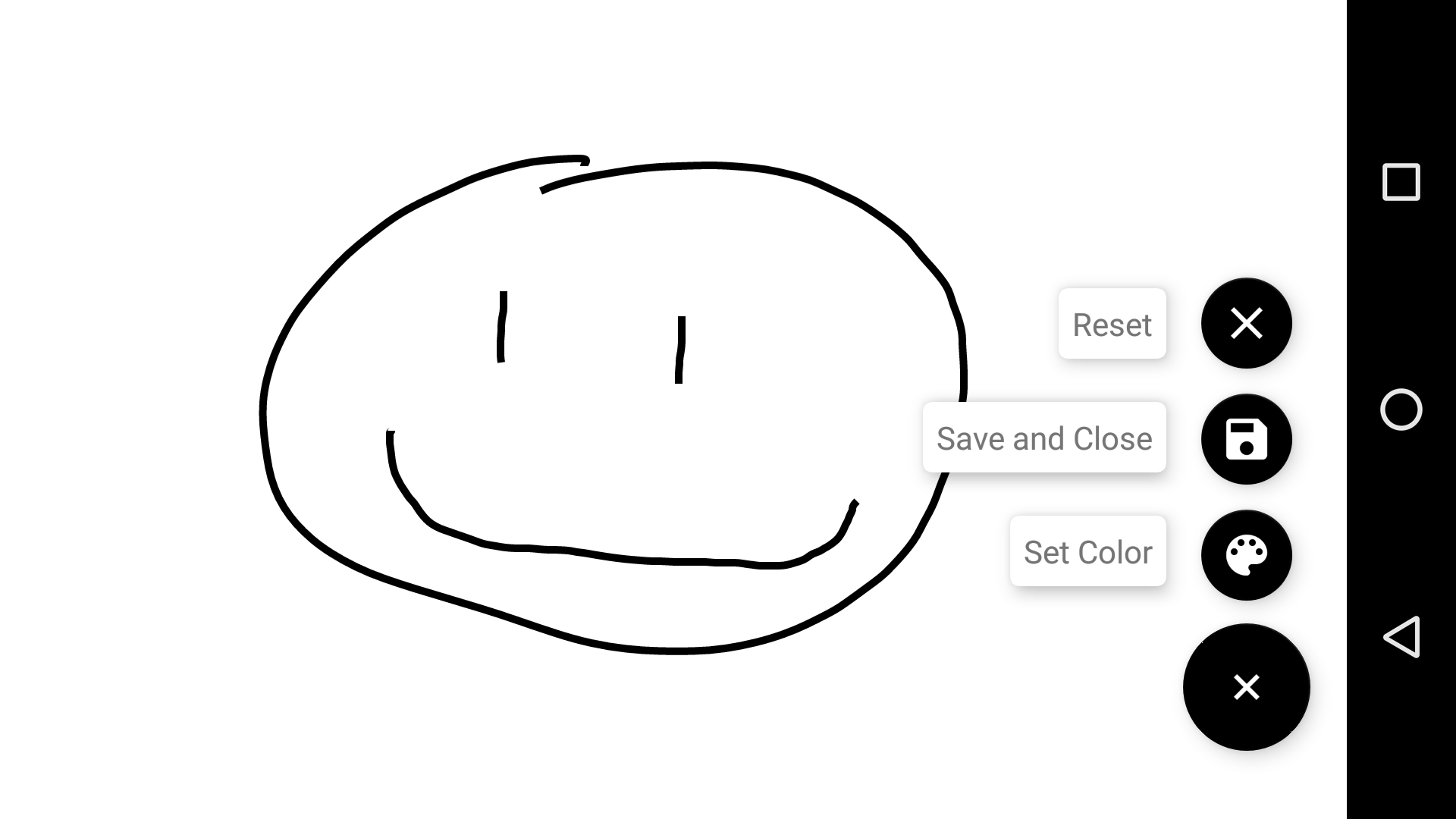 The drawing pad as displayed in the previous image. A menu has expanded from the lower right corner with the options: Reset, Save and Close, and Set Color.