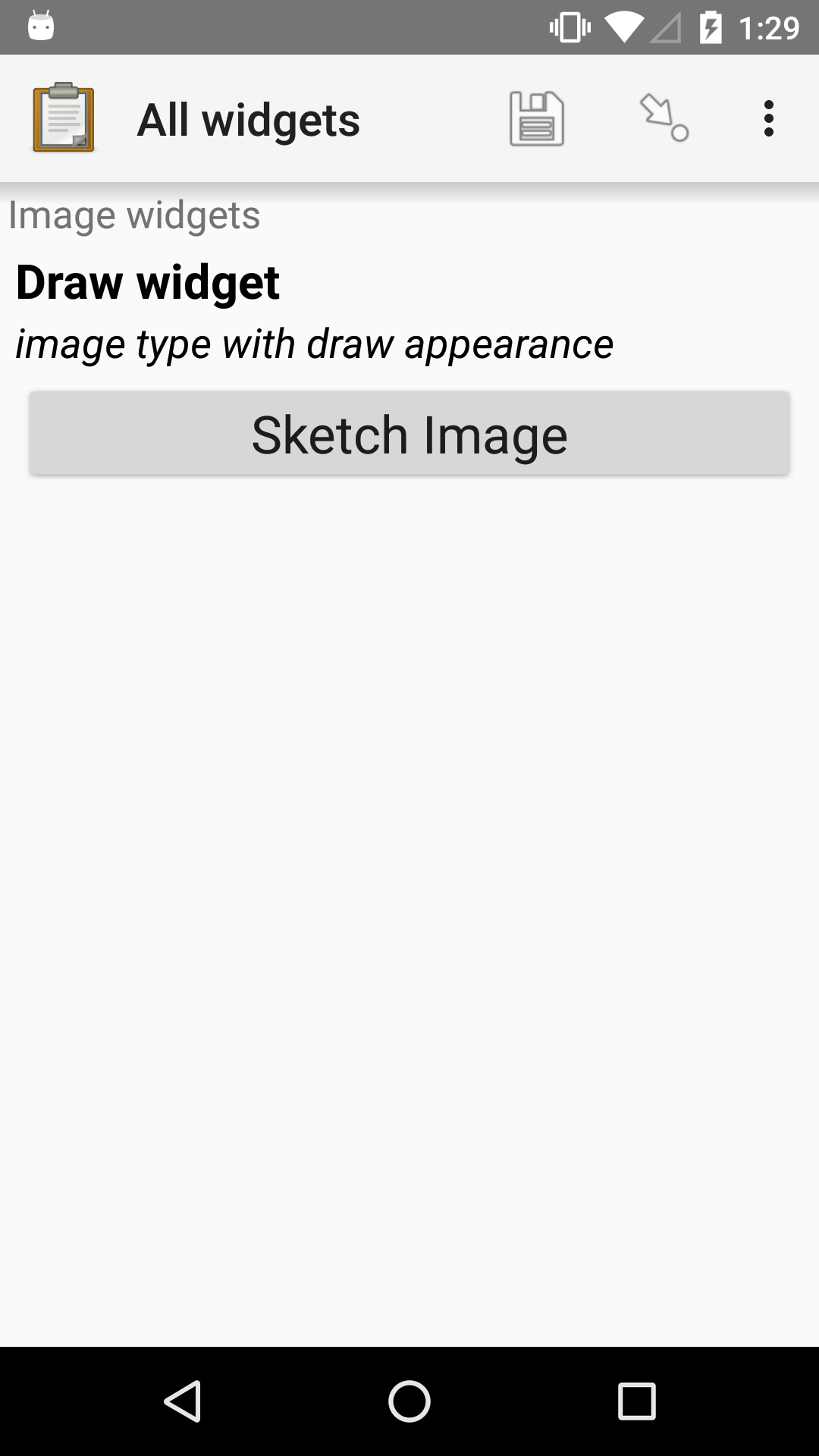 The Draw form widget, as displayed in the ODK Collect app on an Android phone. The question text is, "Draw widget." The hint text is "image type with draw appearance." Below that is a button labeled "Sketch Image." Above the question text is the form group name "Image widgets."