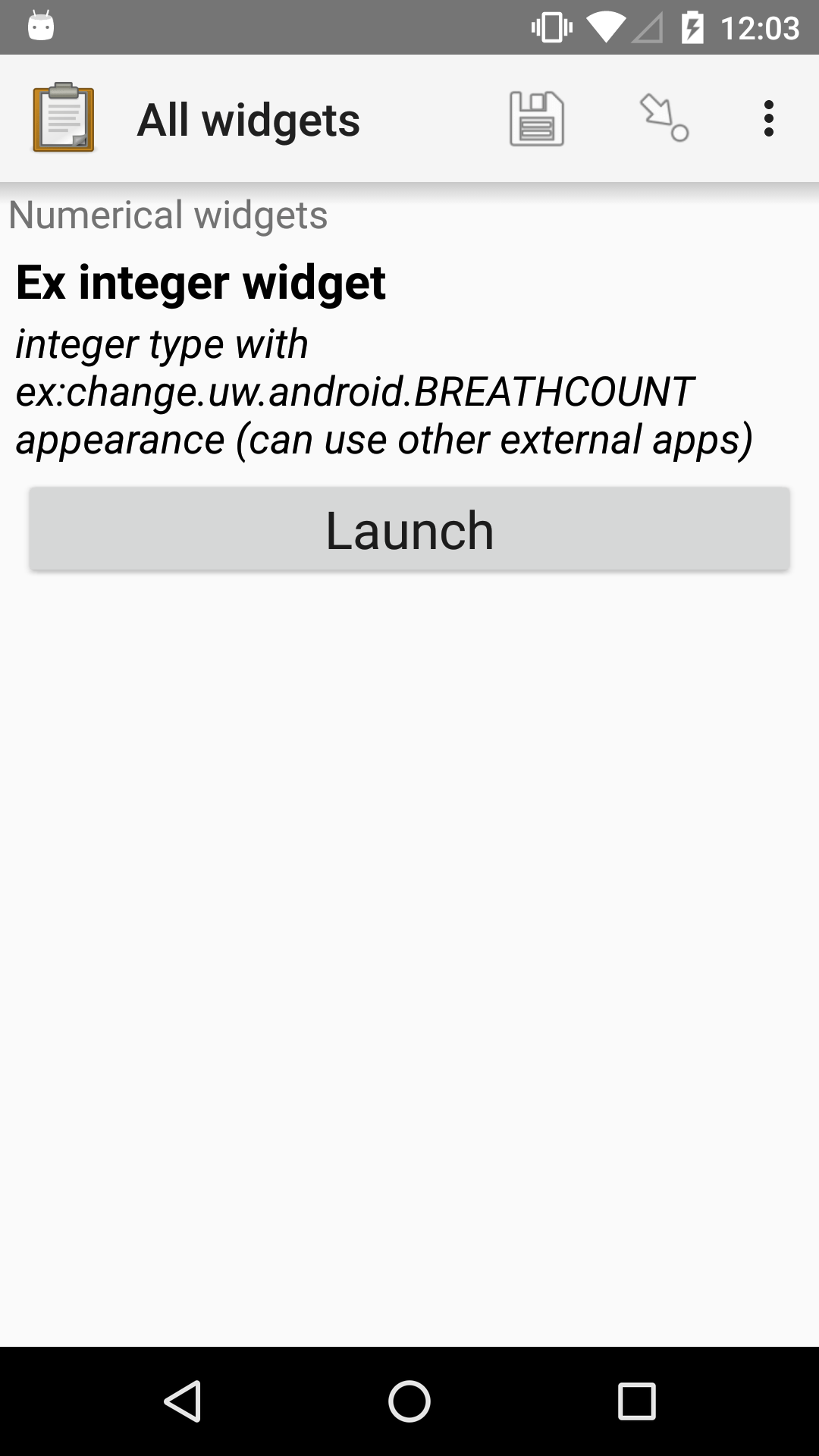 The External Integer form widget, as displayed in the ODK Collect app on an Android phone. The question text is, "Ex integer widget." The hint text is, "integer type with ex:change.uw.android.BREATHCOUNT appearance (can use other external apps)." Below that is a button labeled "Launch." Above the question text is the form name "Numerical widgets."