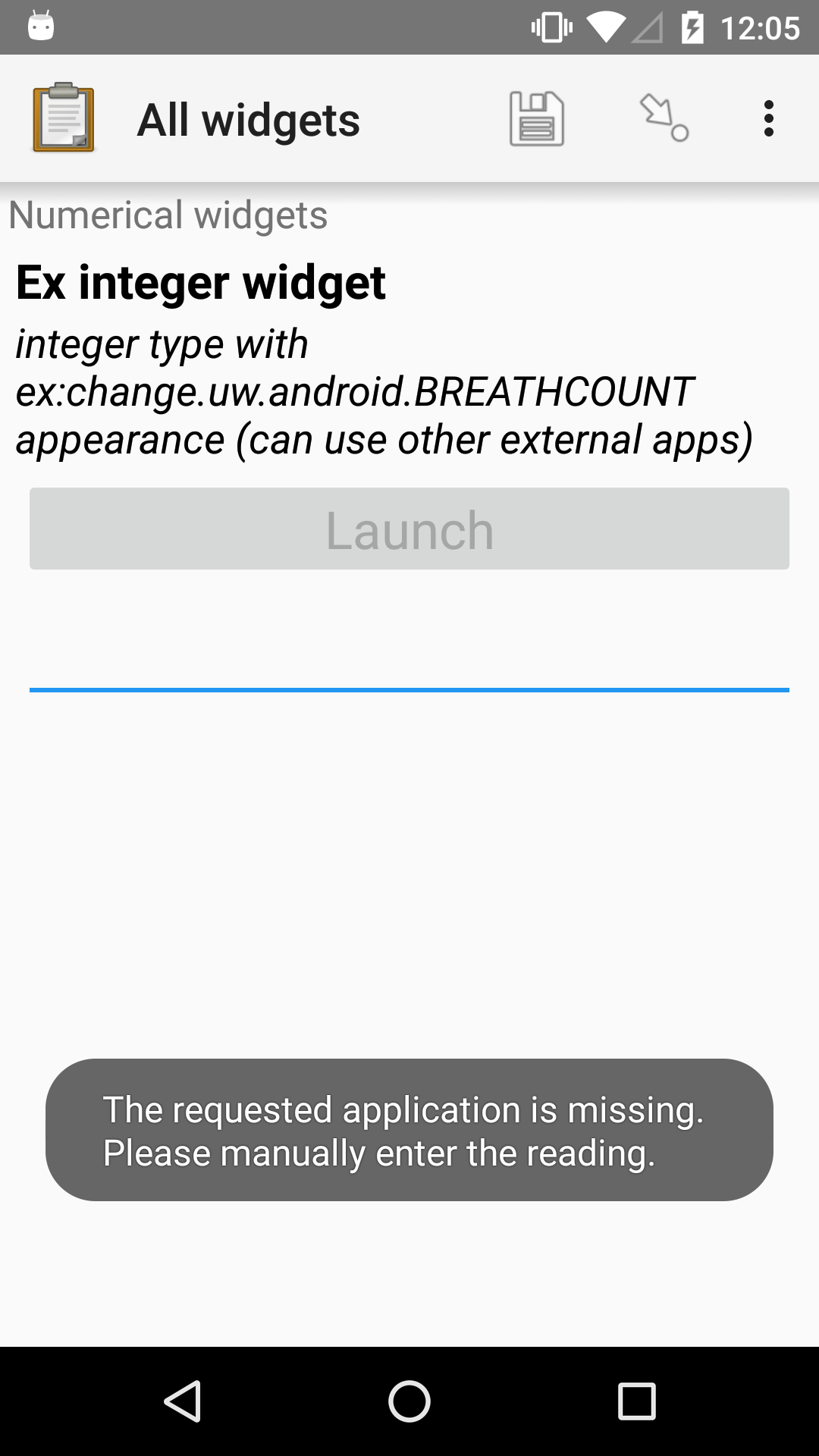 The External Integer widget as displayed previously. The Launch button is now disabled and below it is a simple input. A help text reads, "The requested application is missing. Please manually enter the reading."