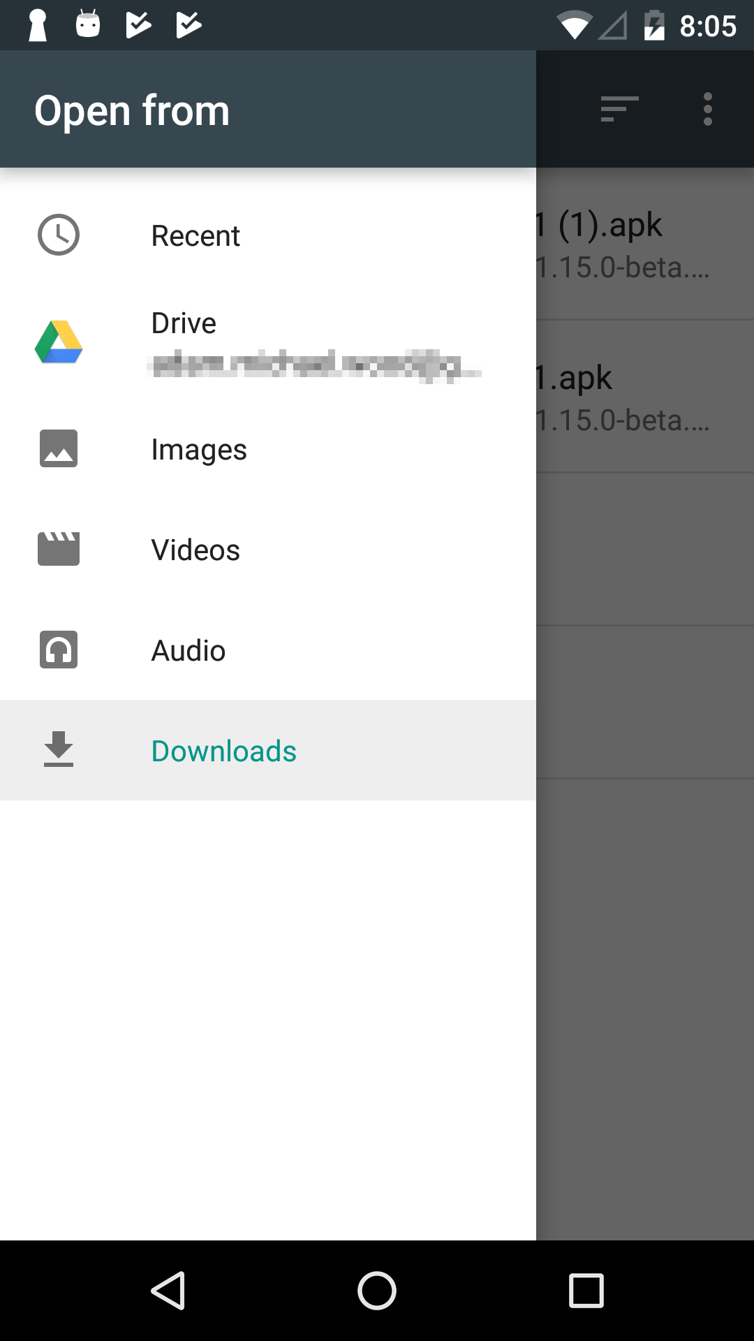 A  file selection screen on an Android device. A sidebar overlay is labeled "Open from". This sidebar has several file locations such as "Recent", "Google Drive", "Images", "Downloads".