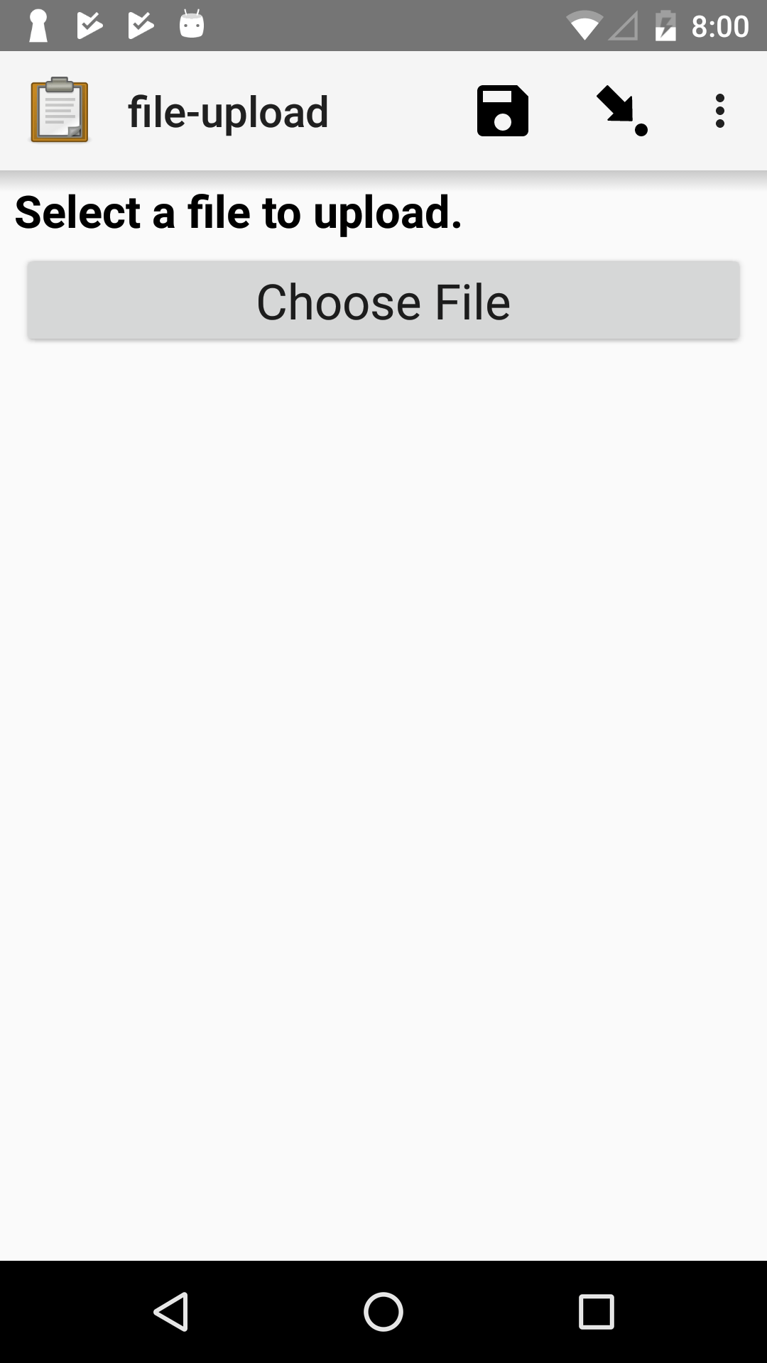 The file upload widget in Collect. The question label is "Select a file to upload." Below that is a button labeled "Choose File".