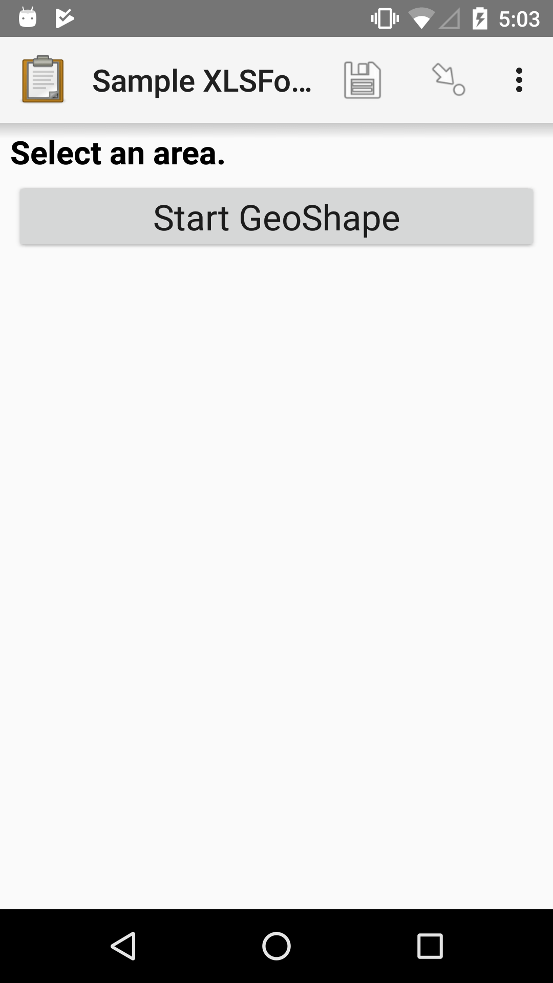 A geoshape form widget displayed in the ODK Collect app on an Android phone. The question text is "Select an Area." Below that is a button labeled "Start GeoShape."