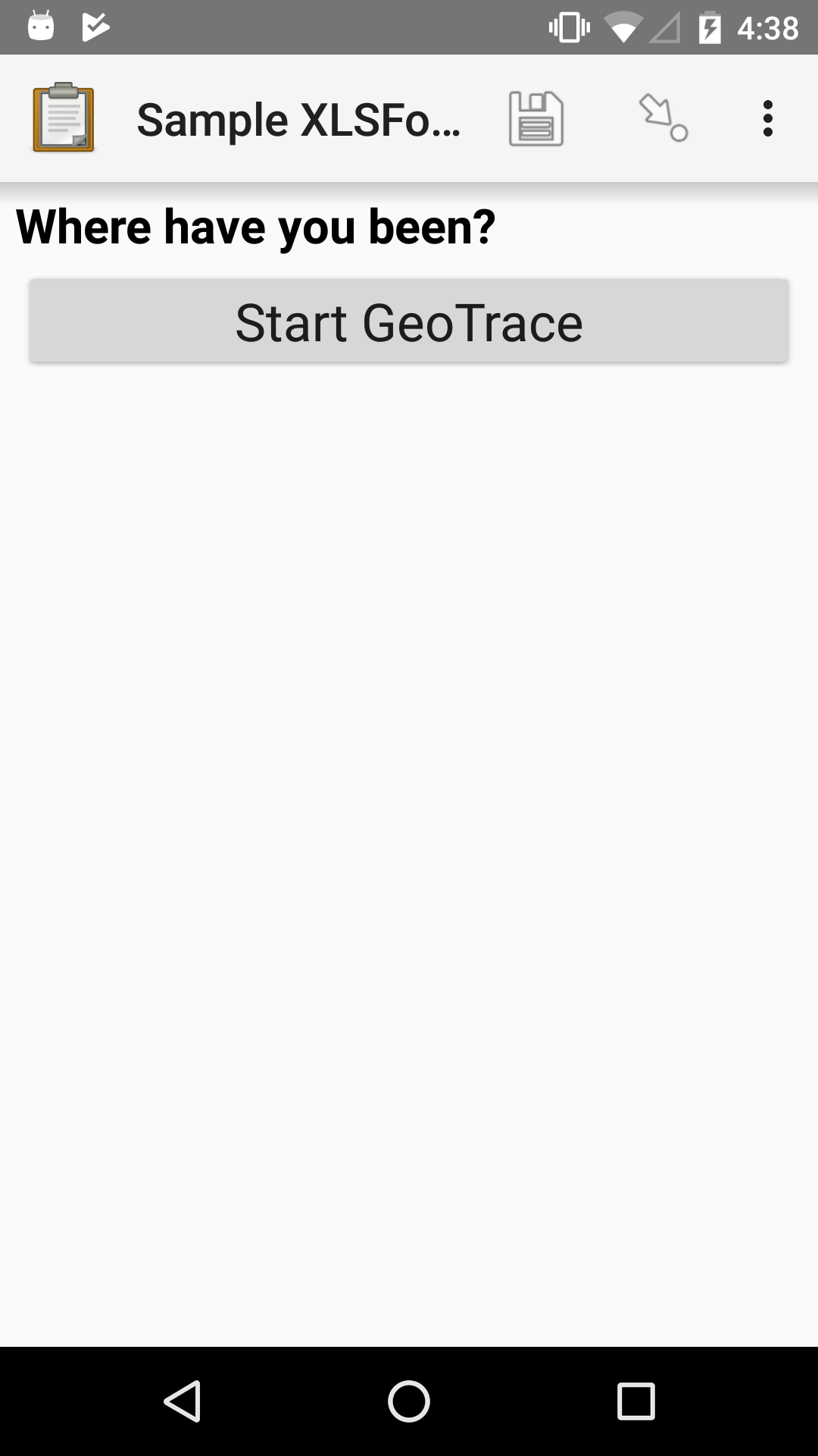 A geotrace form widget displayed in the ODK Collect app on an Android phone. The question text is "Where have you been?" and below that is a button with the label "Start GeoTrace."