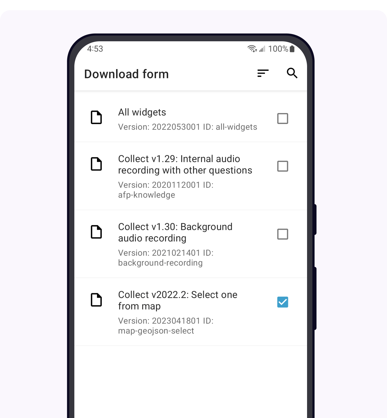 The Get Blank Form screen in the Collect app. Several form names are listed, with checkboxes. One form's checkbox is checked. At the bottom are buttons labeled: *Select All*, *Refresh*, and *Get Selected*.