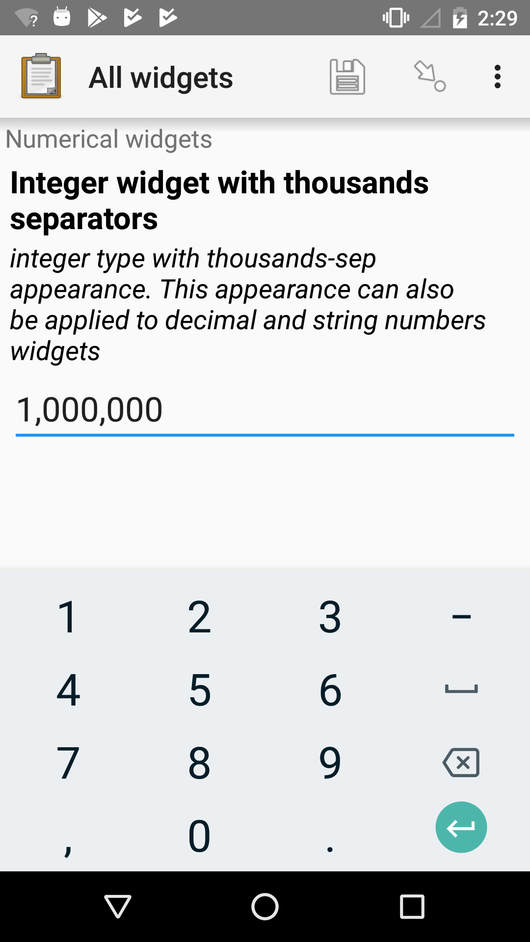 An integer widget as displayed in the Collect app. The question text is "Integer widget with thousands separators". The answer value is "1,000,000". The number keyboard is active.