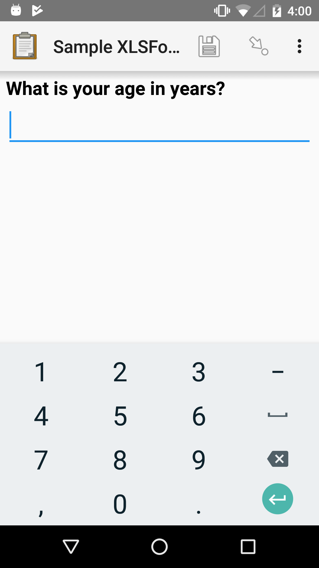 An integer form widget displayed in ODK Collect on an Android phone. The question is "What is your age in years?" A numerical keyboard is displayed.