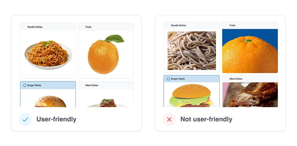 Examples of how to use images in selects. The good example has images on a white background. The bad example uses images with the subject cropped.