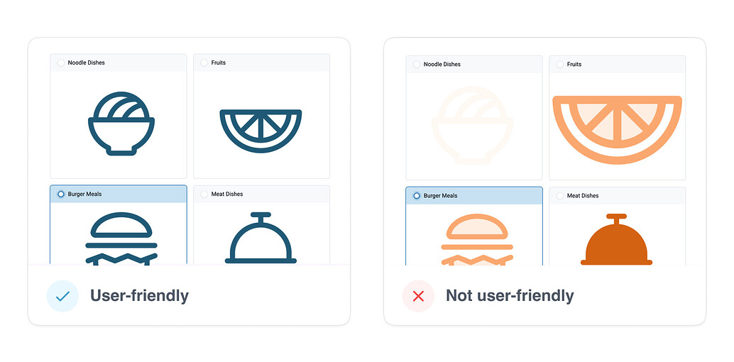 Examples of how to use icons in selects. User friendly example includes consistent dark blue icons and the bad example uses low contrast icons and different sizes.