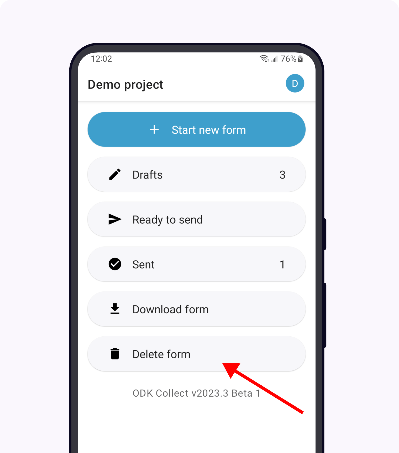 The Main Menu of the Collect app. The option *Delete forms* has an arrow pointing to it.