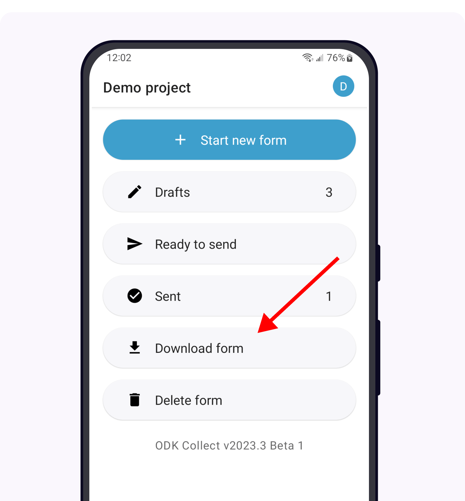 The Main Menu of the Collect app. The option *Download form* has a red arrow pointing to it.