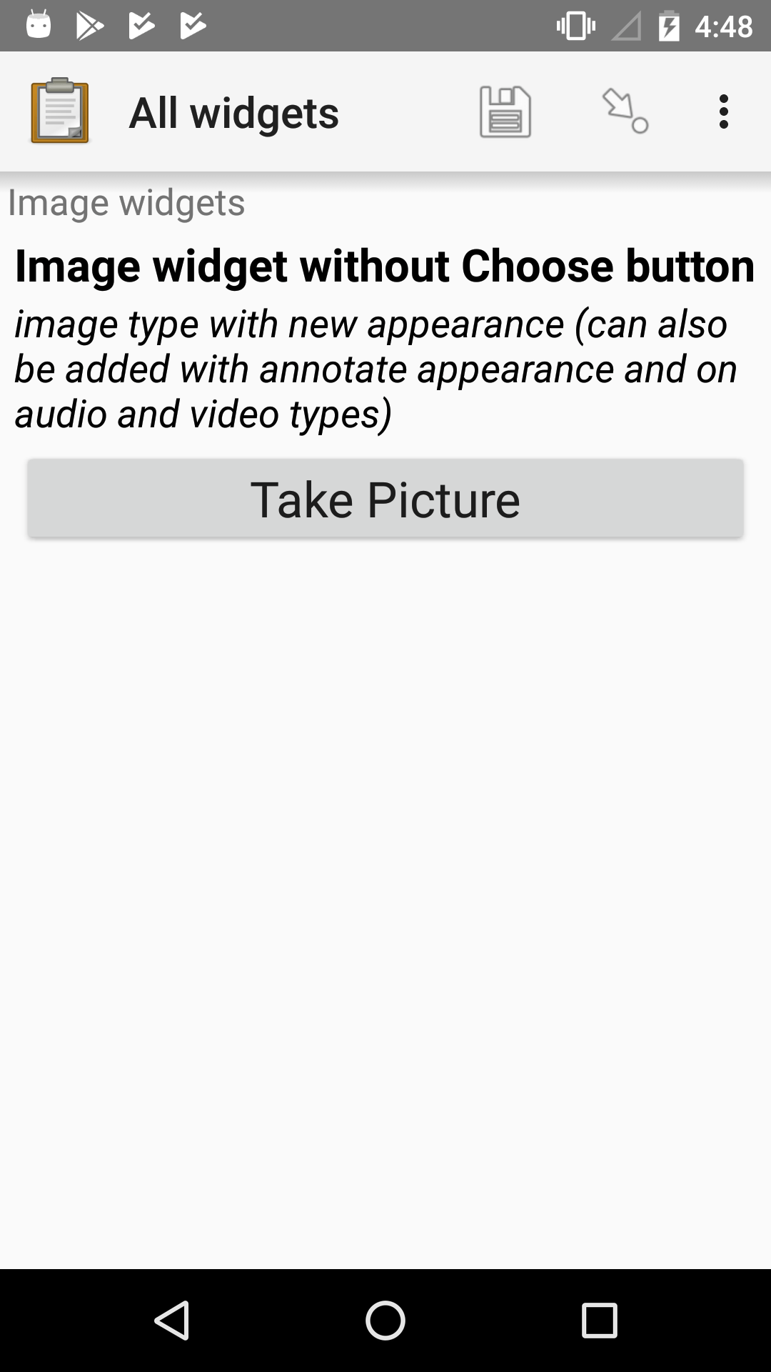 The new image widget, as displayed in the ODK Collect app on Android. It is largely identical to the previous image widget, except that there is only a Take Picture button, and there is no Choose Image button.