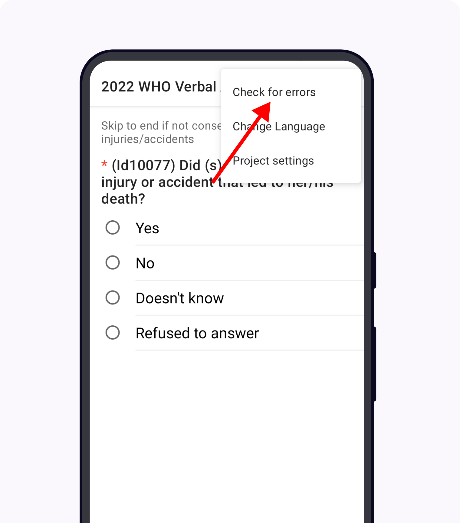 A question screen in the Collect app. The Action Menu is expanded and the option *Check for errors* is circled in red.