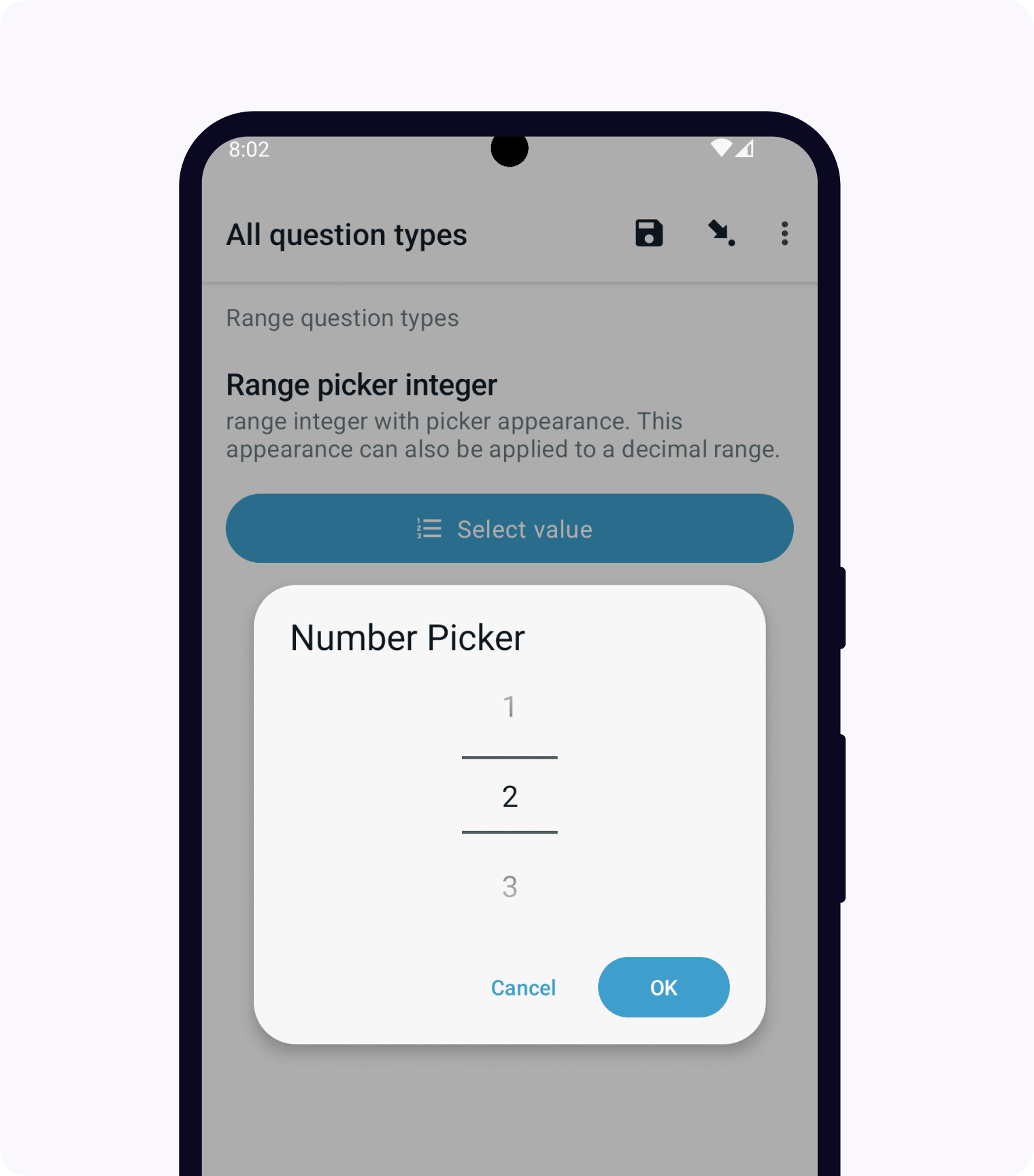 The range widget as shown in the previous image. Over it is a modal window labeled "Number Picker", with a spinner-style number select. Below are buttons for OK and CANCEL.