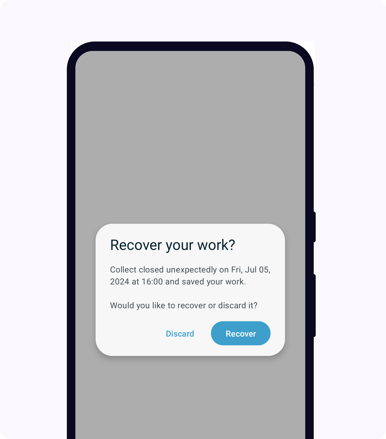 A dialog with title "Recover your work?" and options to Discard or Recover.