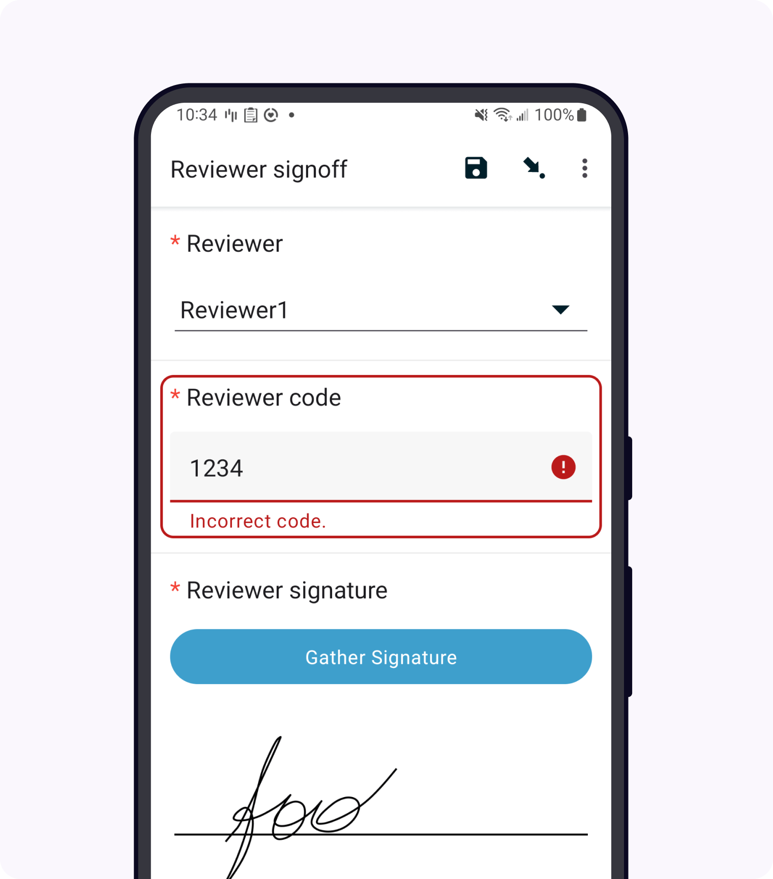 The Collect app showing a screen for a reviewer to enter their information and sign off on the submission.