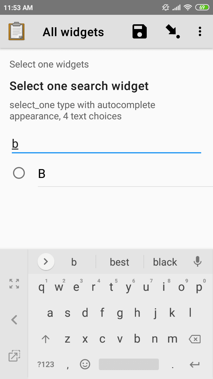 The Select One form widget as displayed previously. The text input contains a lowercase 'b'. There is a single radio button: B. The other three radio buttons are no longer displayed.