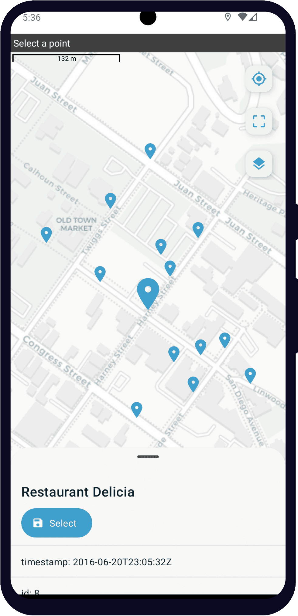 Single select from map as displayed in the ODK Collect app on an Android phone. The question text is "Select a point" and it is displayed in a small top bar. Below that is a map with several markers. One of the markers is larger. At the bottom of the screen, there is information about the selected marker. Its label is "Restaurant Délicia". Several other properties are shown including `timestamp`, `version` and `amenity`. Below the properties, there is a rounded button with a save icon and the text "Select."