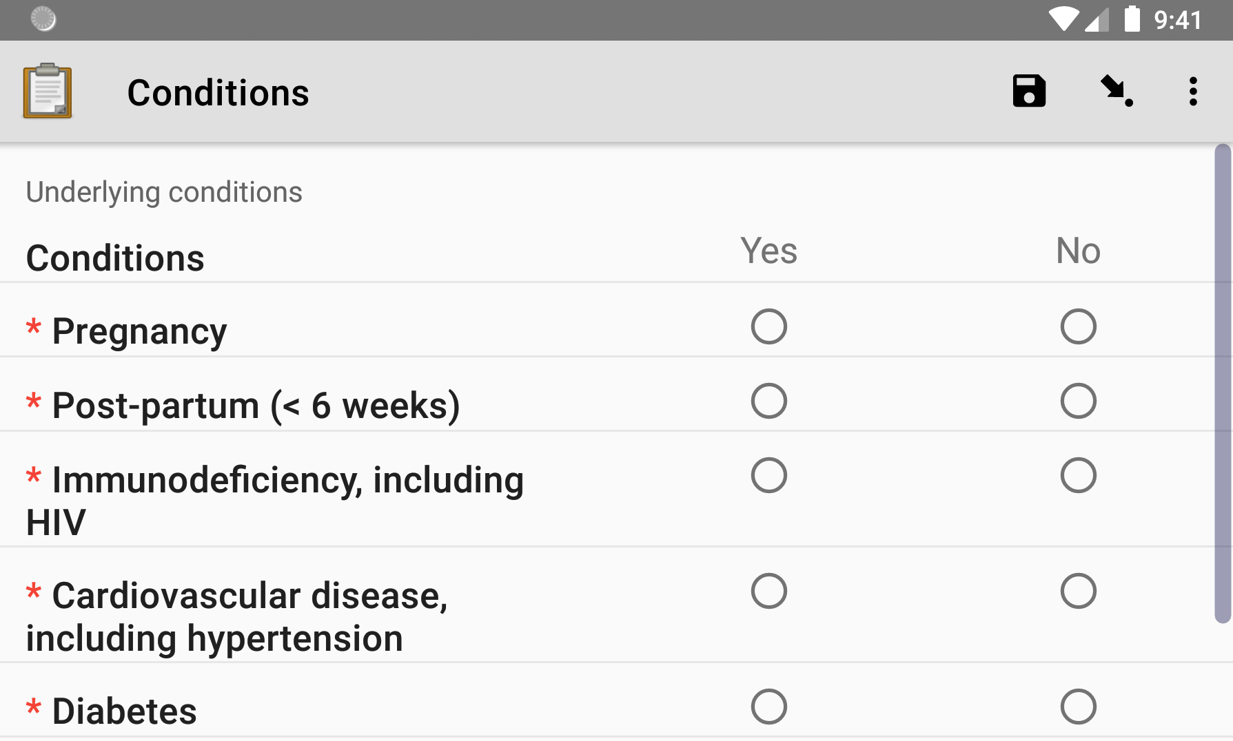 A field-list group of questions, as displayed in the ODK Collect app on an Android phone. A grid of questions representing underlying conditions are displayed. For eacn condition, there are radio buttons to indicate 'Yes' or 'No'.