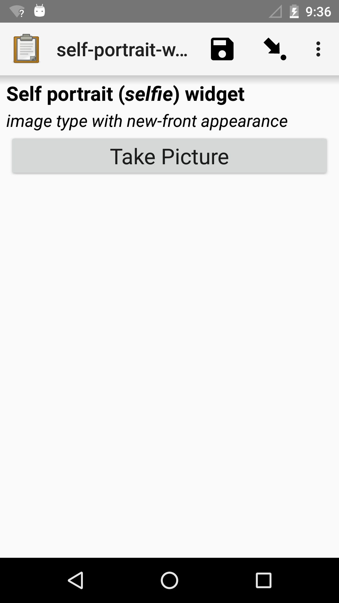 The self portrait widget in Collect. The label text is "Self portrait (selfie) widget)". The hint text is "Image type with new-front appearance". There is a button labeled "Take Picture".