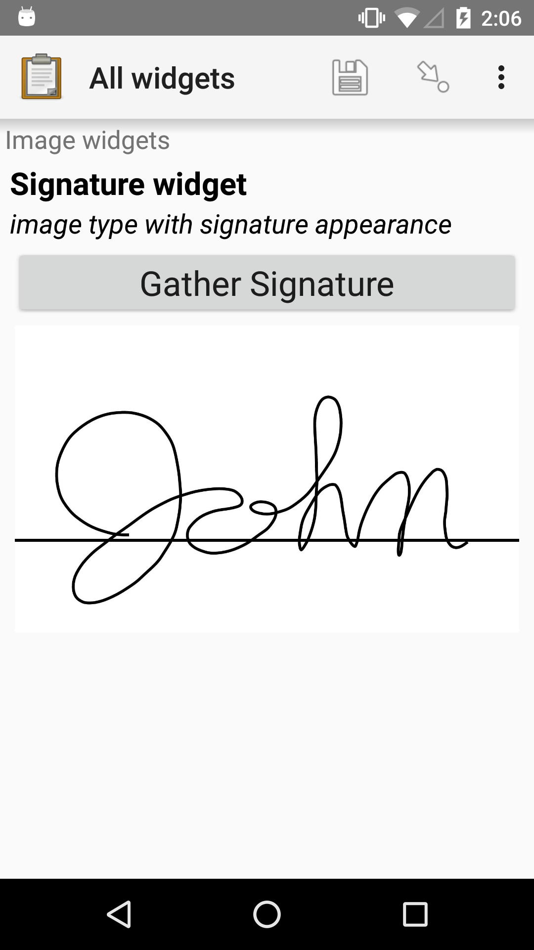 The signature widget displayed previously. Below the button is the signature drawn in the previous image.