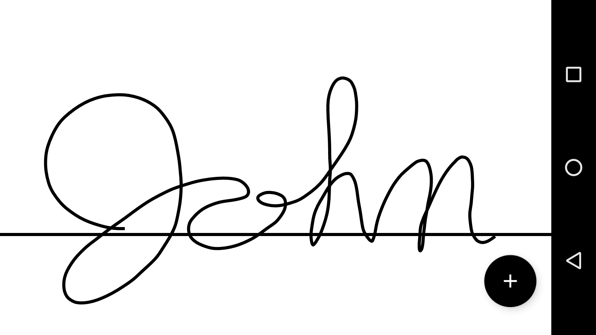 A drawing pad with a signature line, displayed on an Android phone. A signature is drawn across it. In the lower right corner is circular button marked with a plus sign (+).