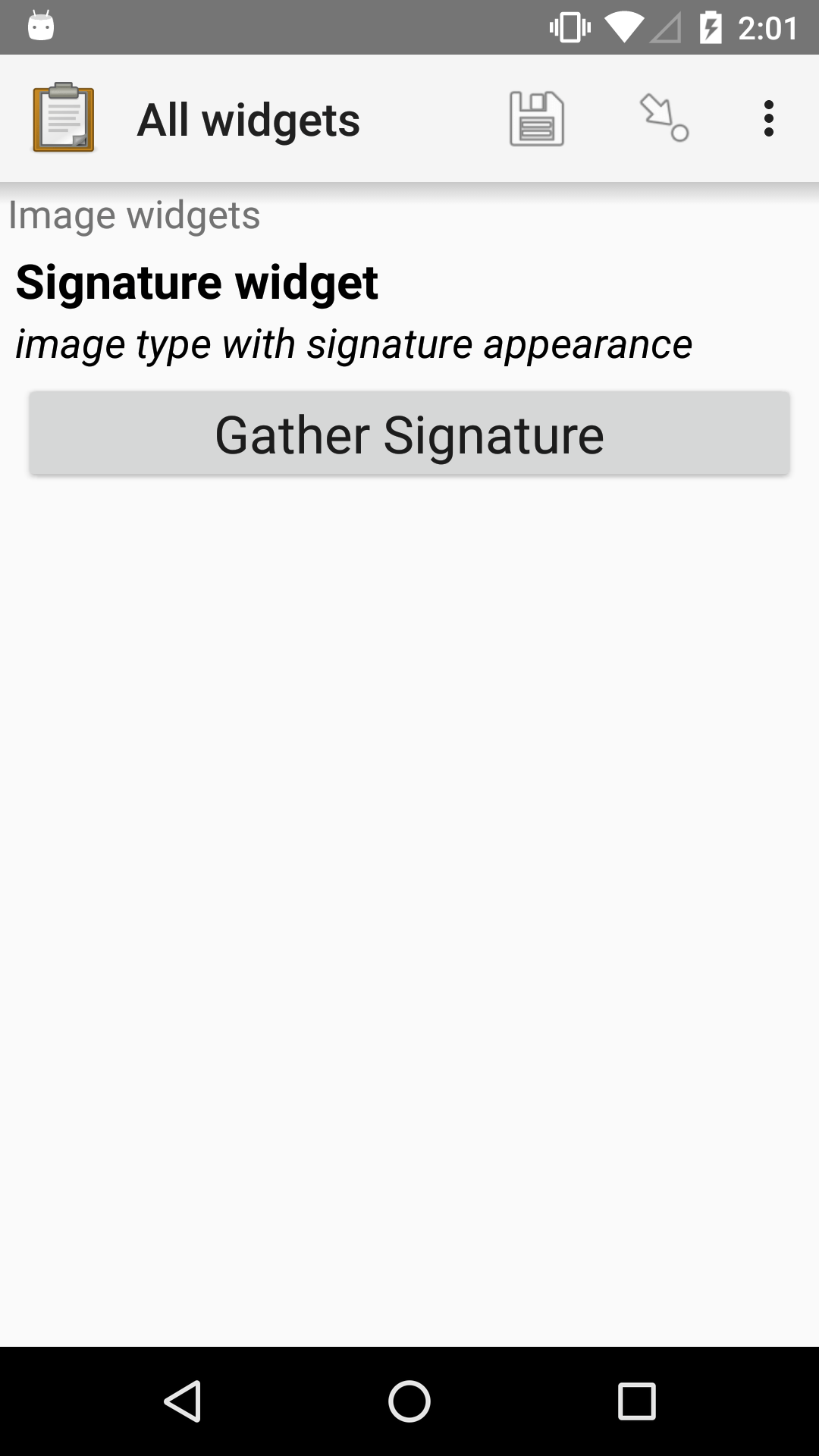 The Signature form widget, as displayed in the ODK Collect app on an Android phone. The question text is, "Signature widget." The hint text is "image type with signature appearance." Below that is a button labeled "Gather Signature." Above the question text is the form group name "Image widgets."