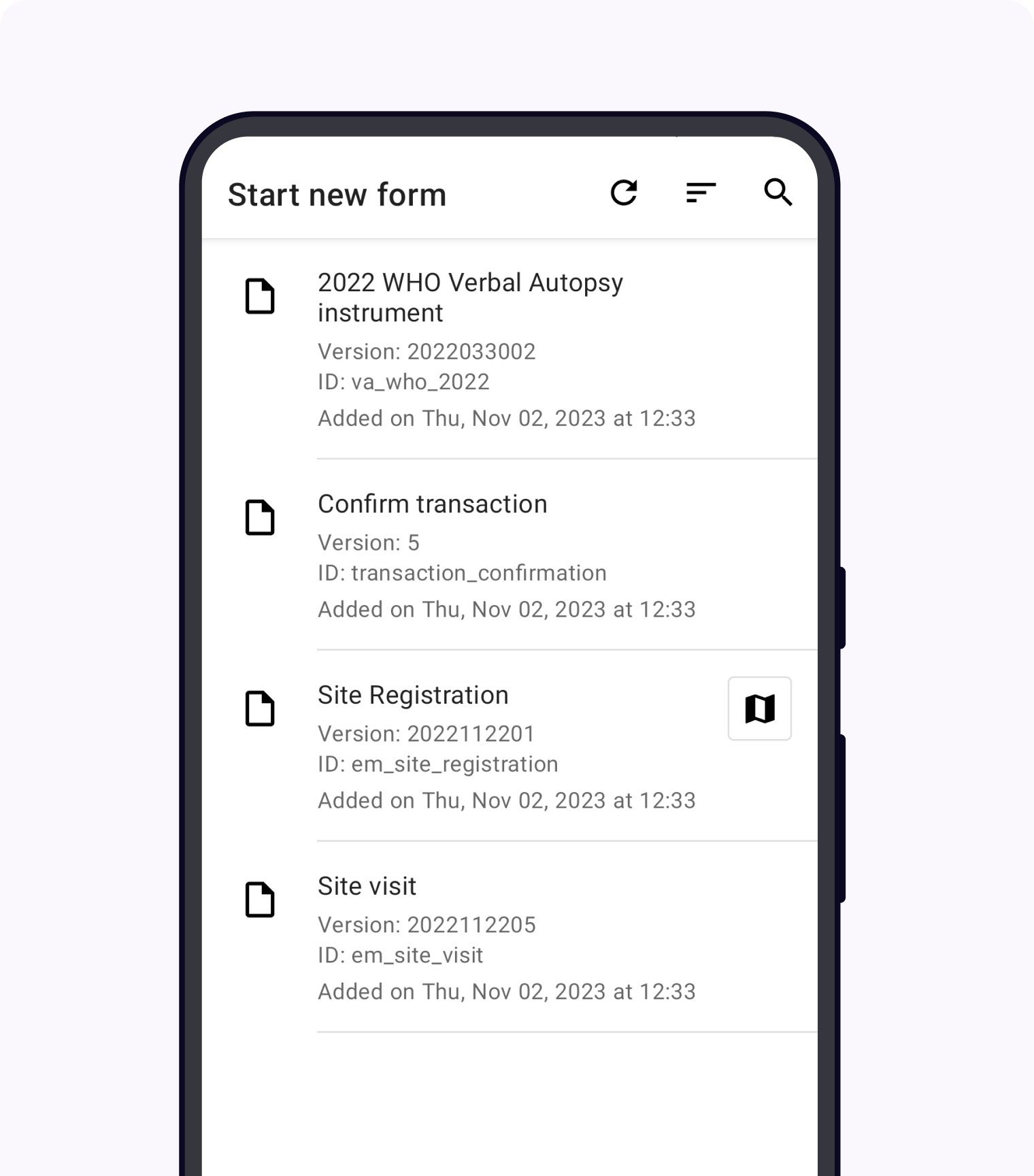 The "Start new form" menu in the Collect app. Several form titles are listed.