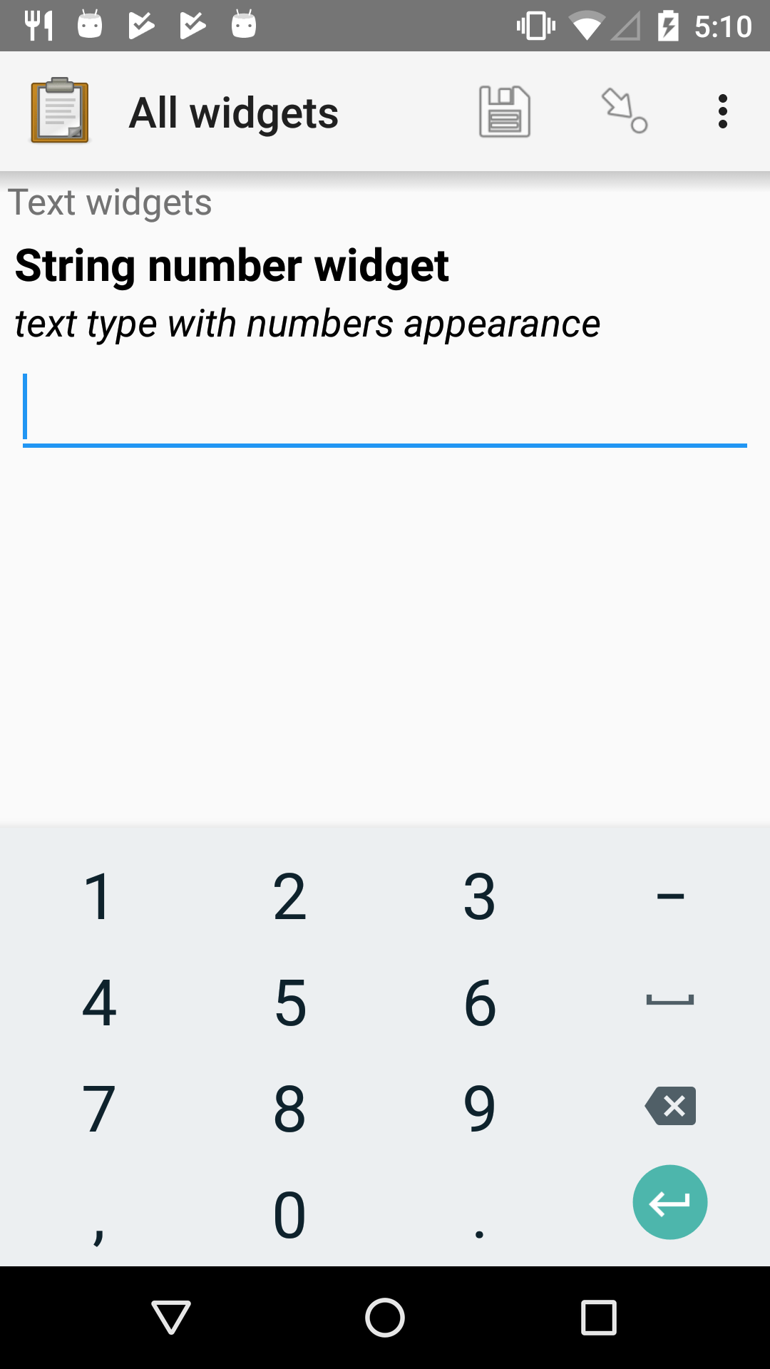 The text widget, with numerical entry, as displayed in the ODK Collect app on an Android phone. The question text is "String number widget." The hint text is, "text type with numbers appearance." Below that is a simple input. Above the question text is the form group name "Text Widget." The Android onscreen keyboard displays a number pad.