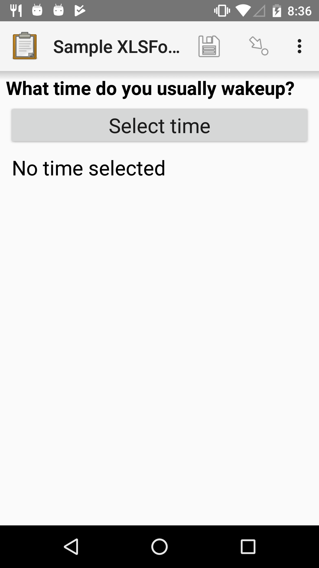 The Time form widget as displayed in the ODK Collect App on an Android phone. The question text is "What time do you usually wake up?" The button label is "Select time." Below the button is the message "No time selected."